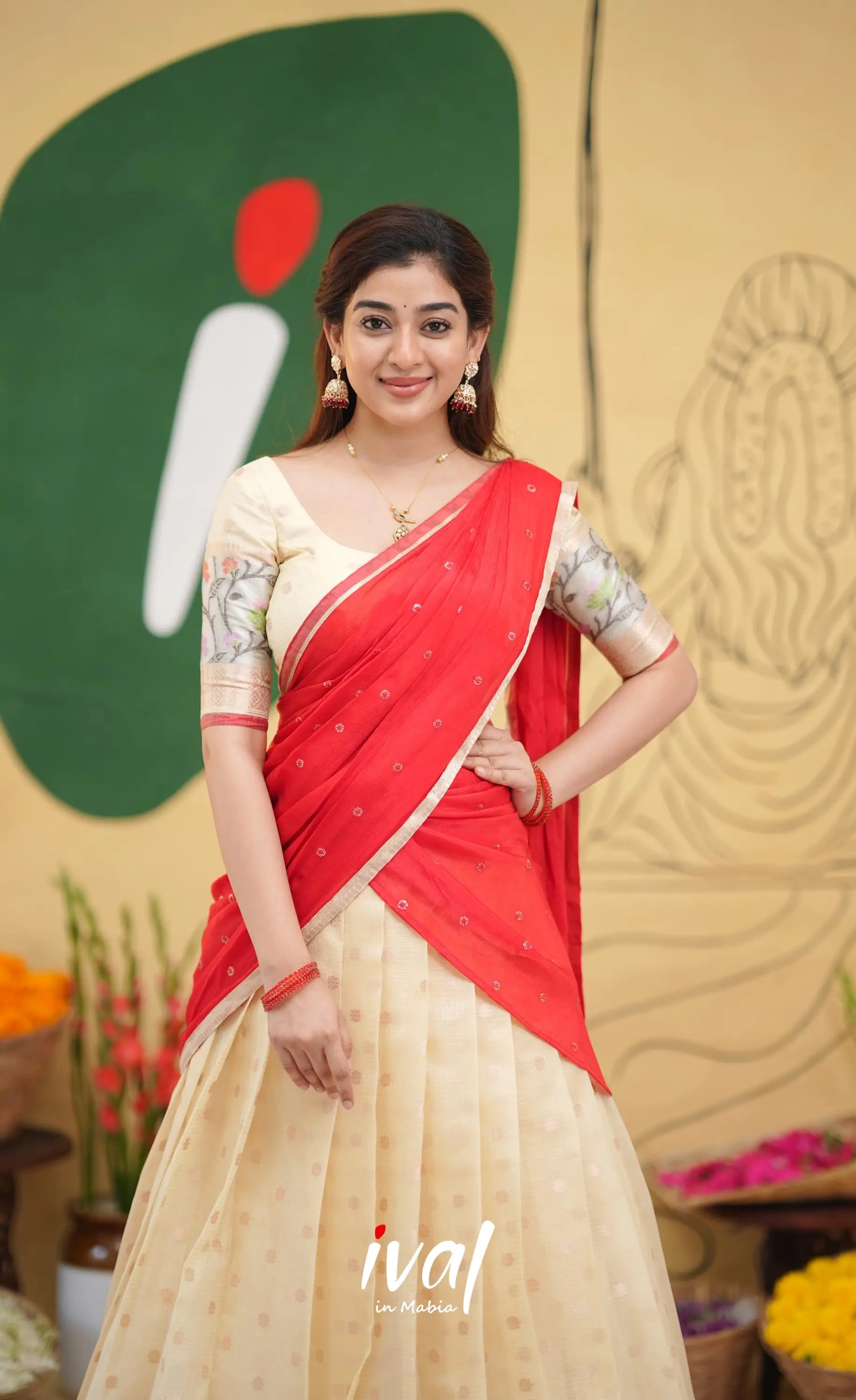 Izhaiyini Kota Halfsaree - Off white and Red - Half Sarees