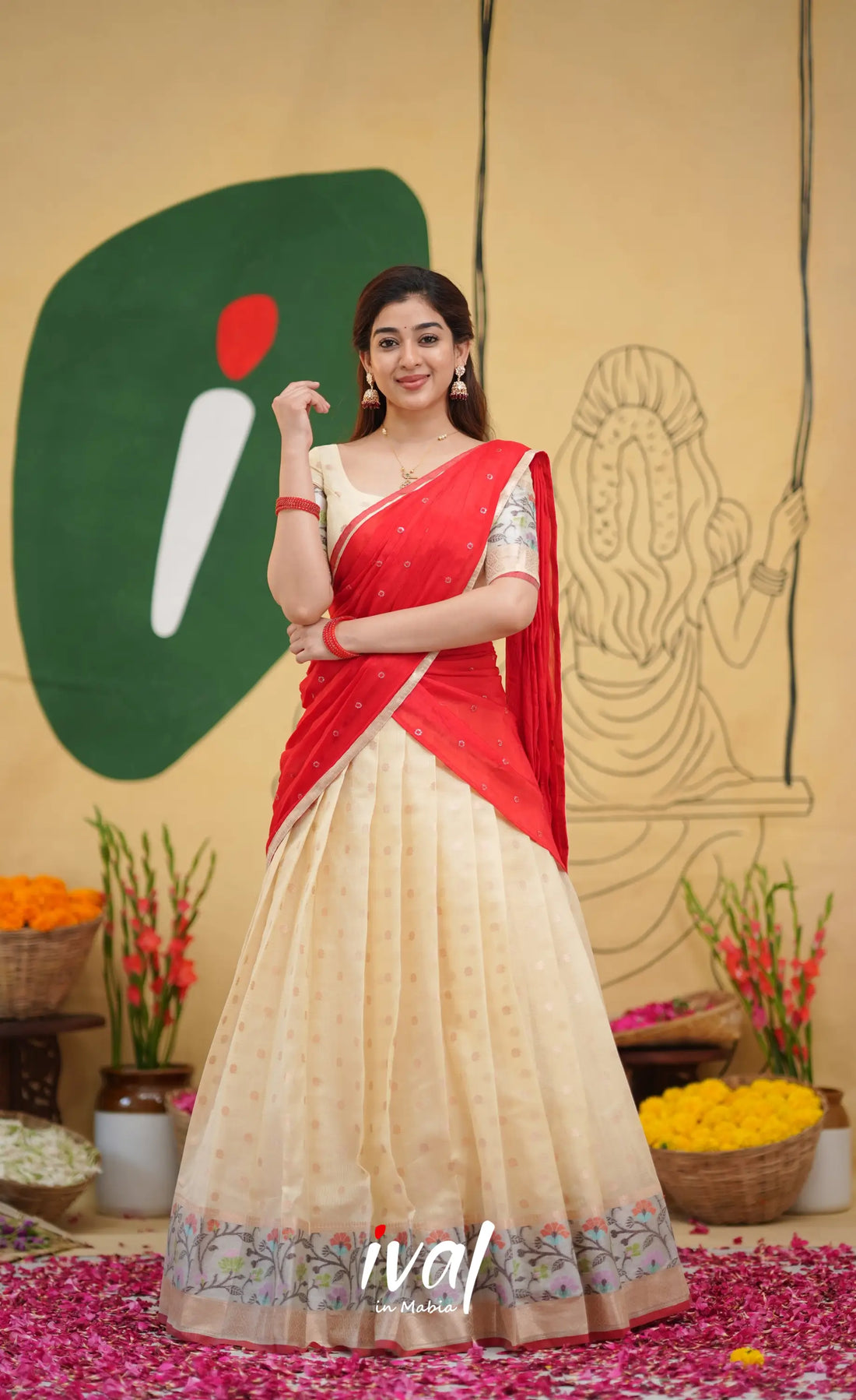 Izhaiyini Kota Halfsaree - Off white and Red - Half Sarees