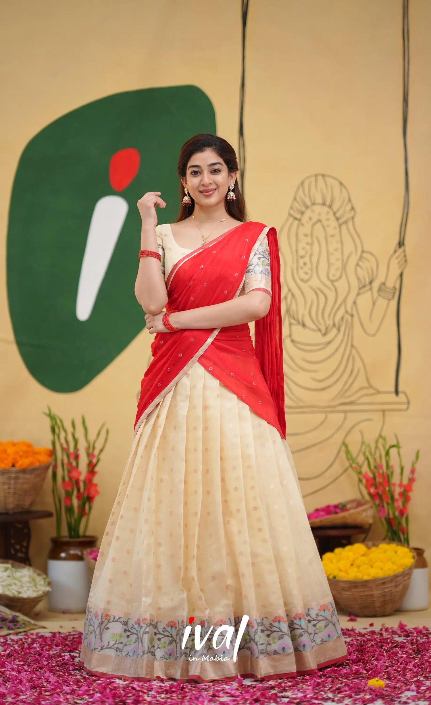 Izhaiyini Kota Halfsaree - Off white and Red - Half Sarees