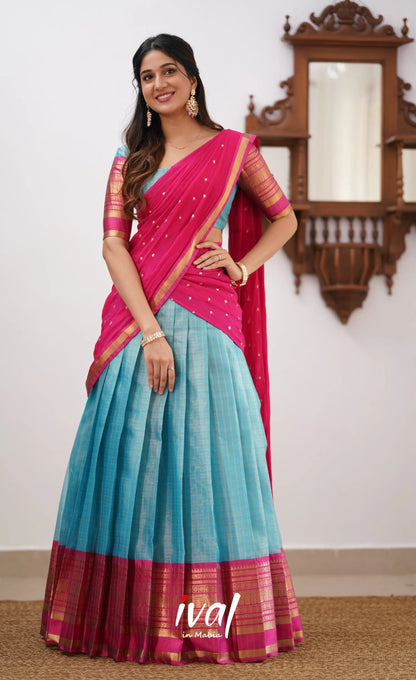 Izhaiyini-Light Blue And Pink Organza Halfsaree Half Sarees