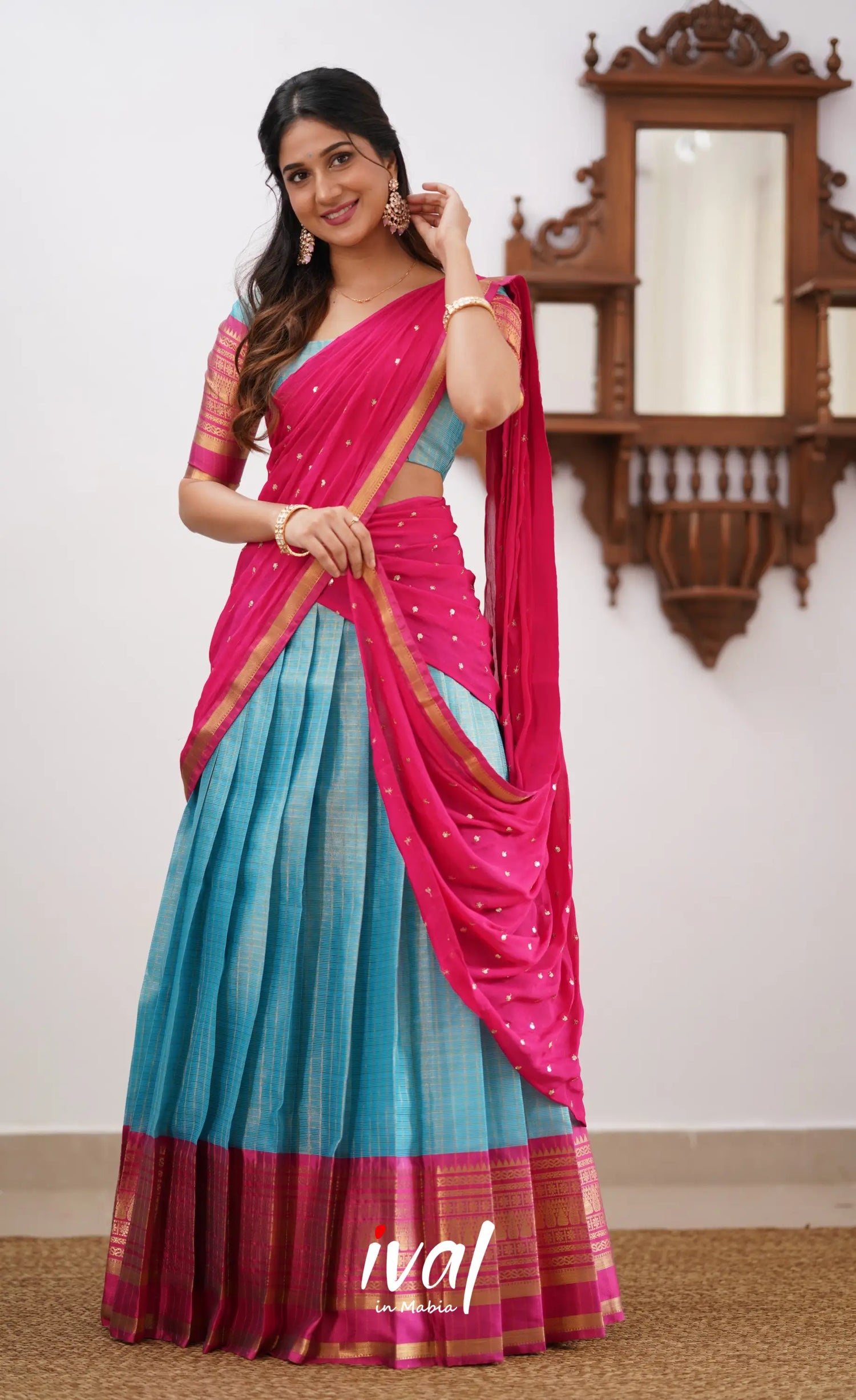 Izhaiyini-Light Blue And Pink Organza Halfsaree Half Sarees