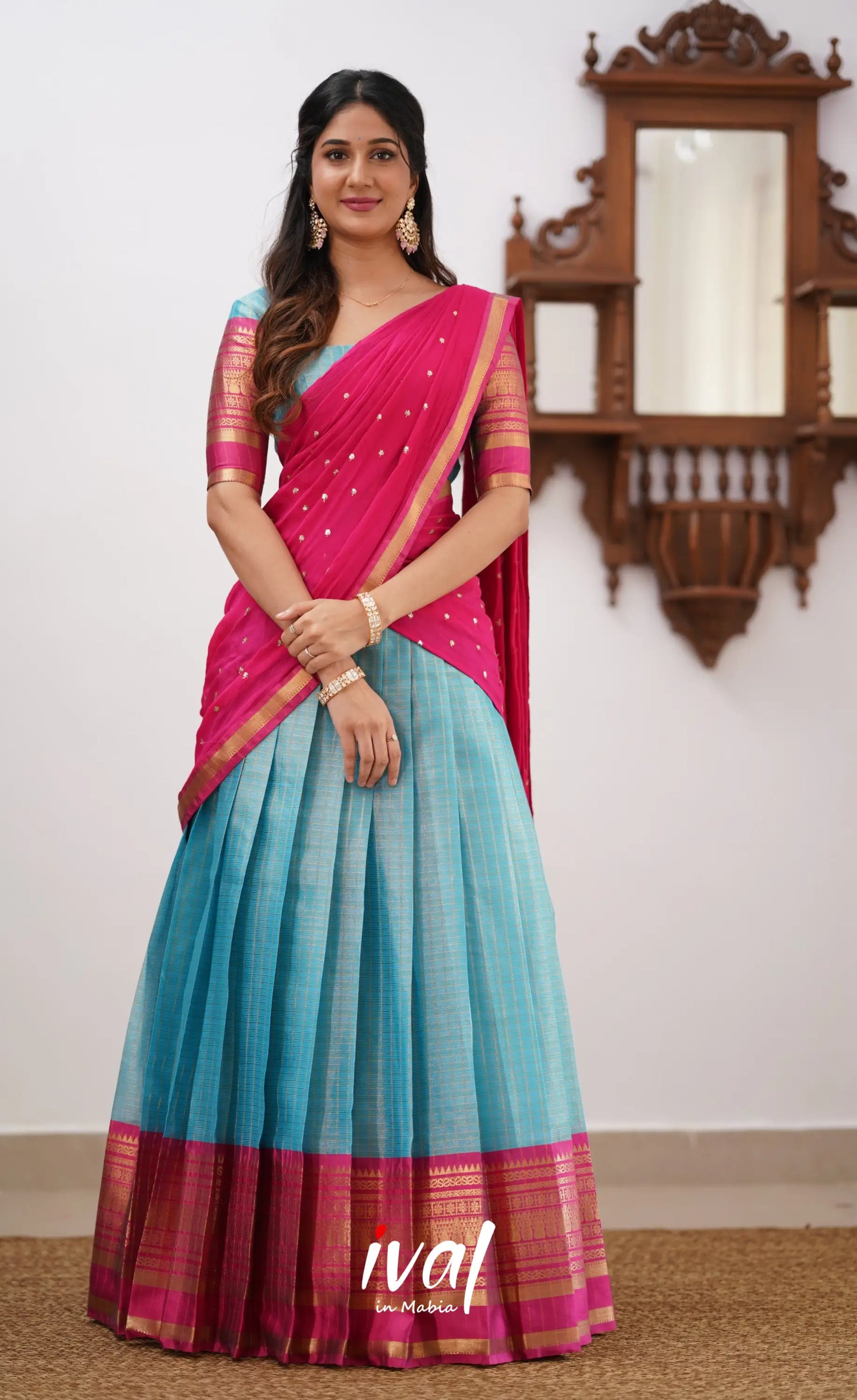 Izhaiyini-Light Blue And Pink Organza Halfsaree Half Sarees