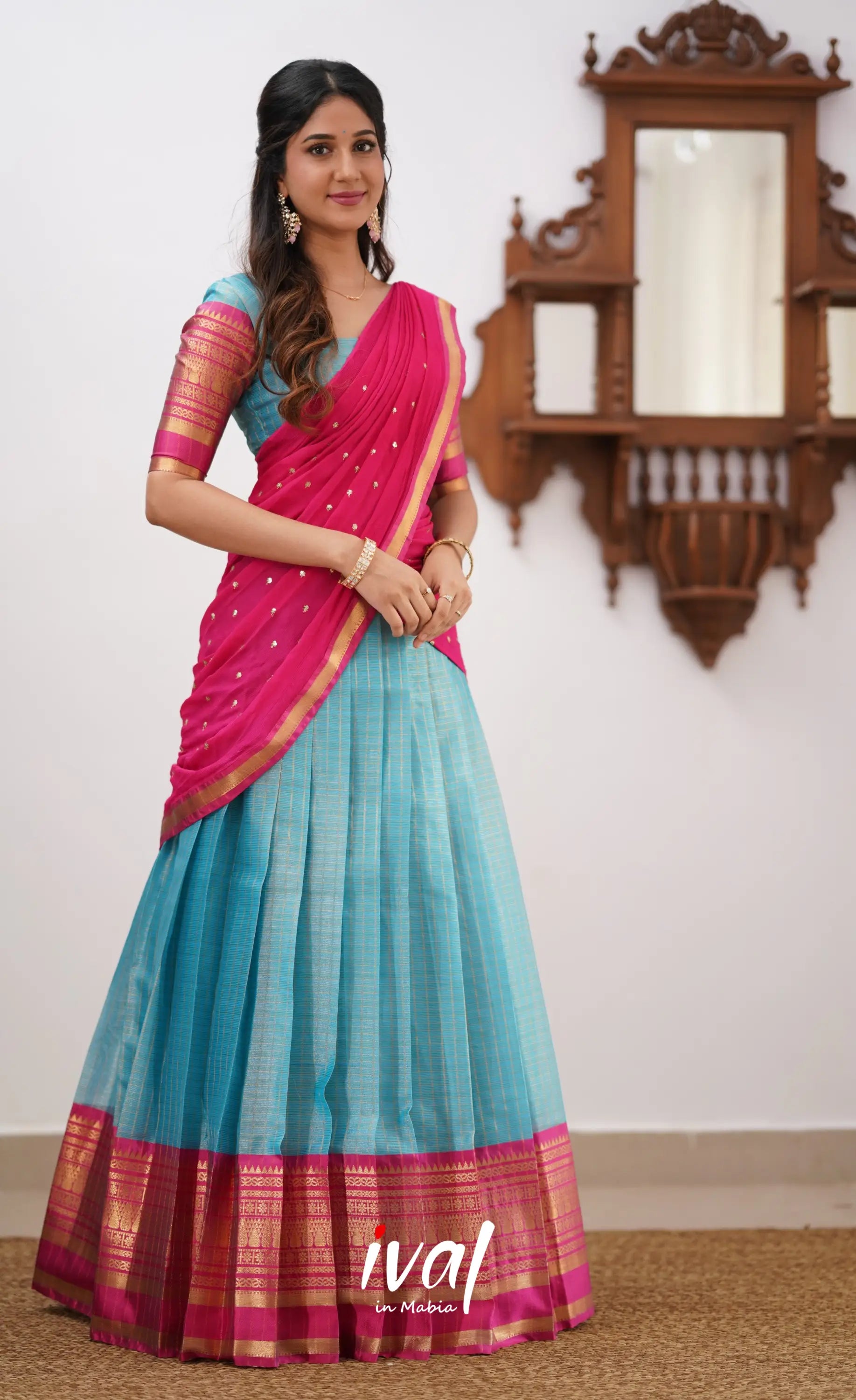 Izhaiyini-Light Blue And Pink Organza Halfsaree Half Sarees