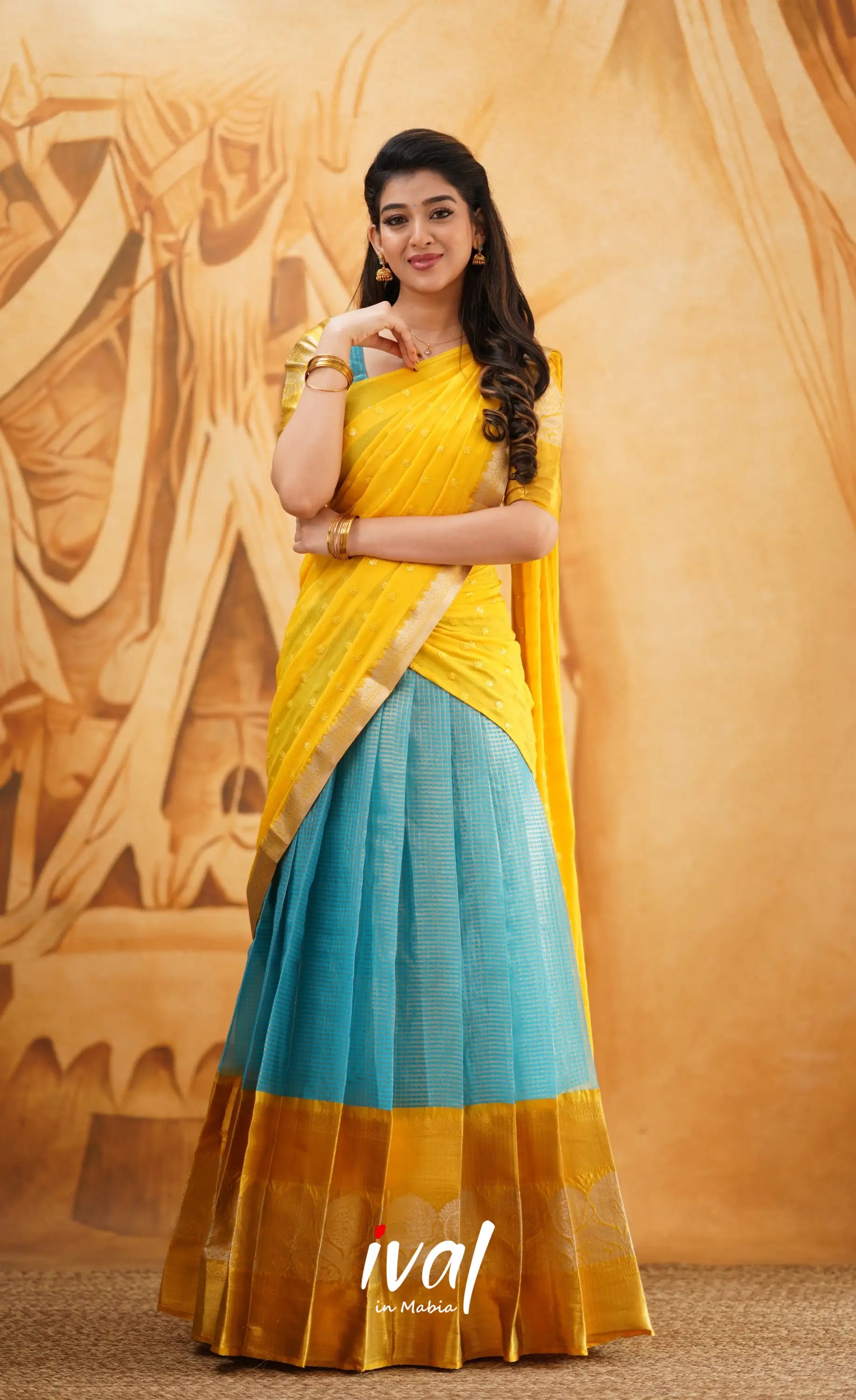 Izhaiyini - Light Blue Shade And Yellow Tone Organza Halfsaree Half Sarees