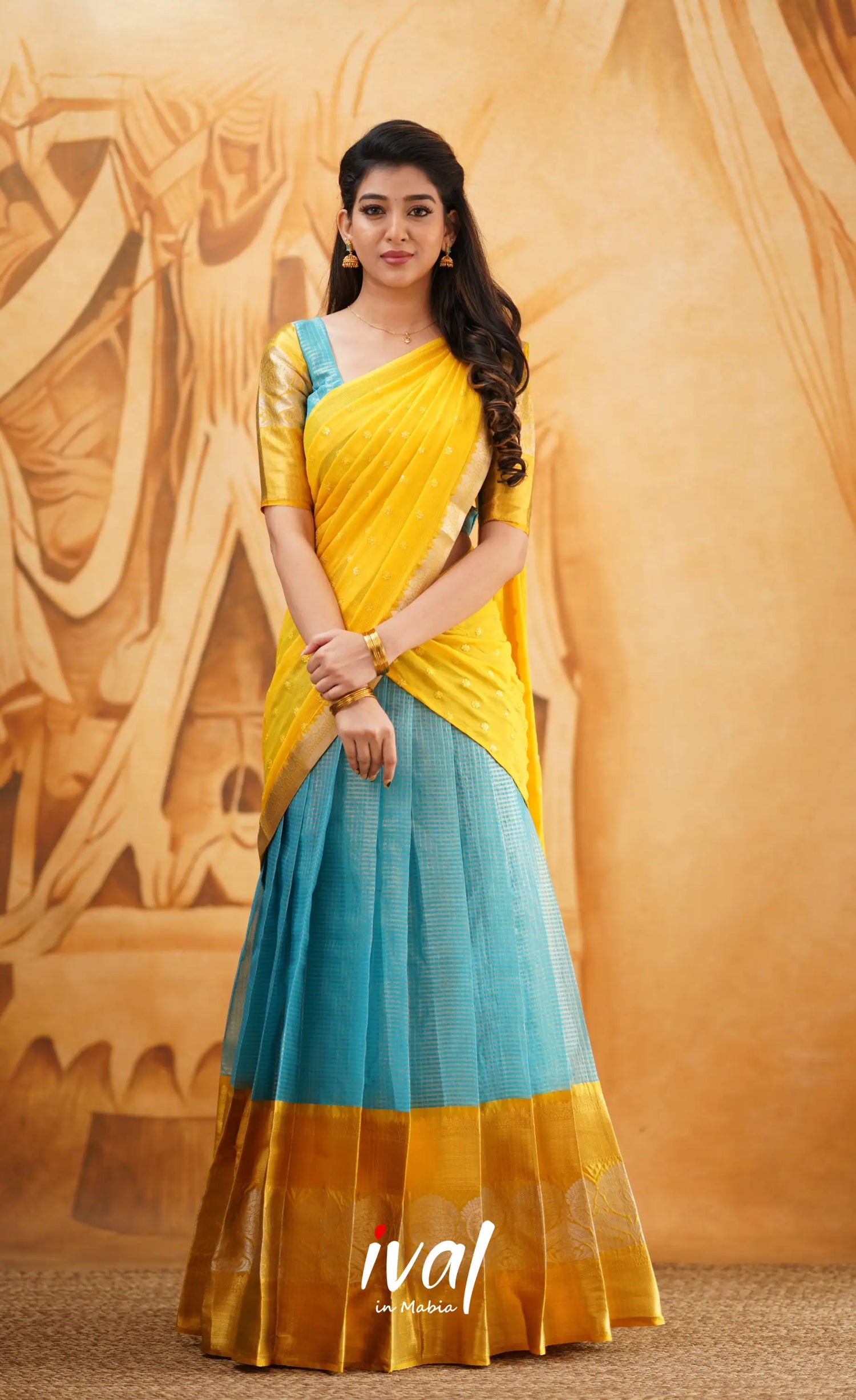 Izhaiyini - Light Blue Shade And Yellow Tone Organza Halfsaree Half Sarees