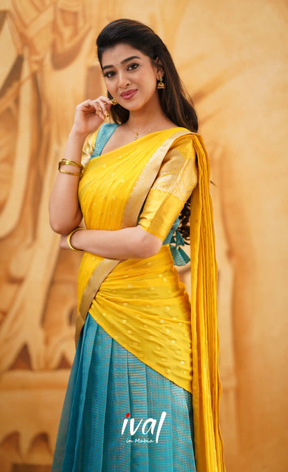 Izhaiyini - Light Blue Shade And Yellow Tone Organza Halfsaree Half Sarees