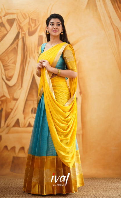 Izhaiyini - Light Blue Shade And Yellow Tone Organza Halfsaree Half Sarees