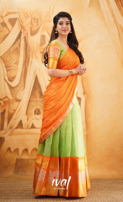 Izhaiyini - Light Green Shade And Orange Tone Organza Halfsaree Half Sarees