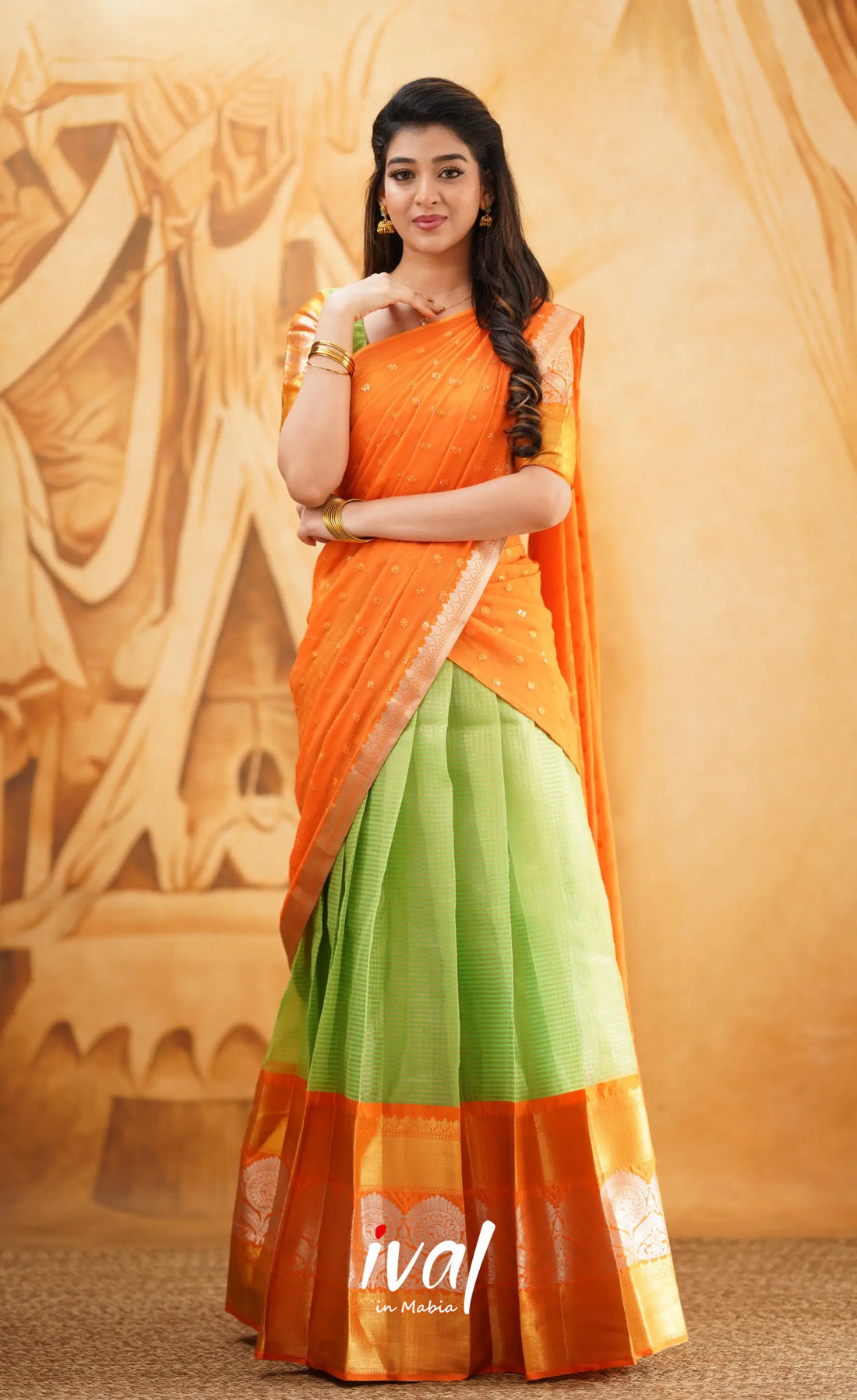 Izhaiyini - Light Green Shade And Orange Tone Organza Halfsaree Half Sarees