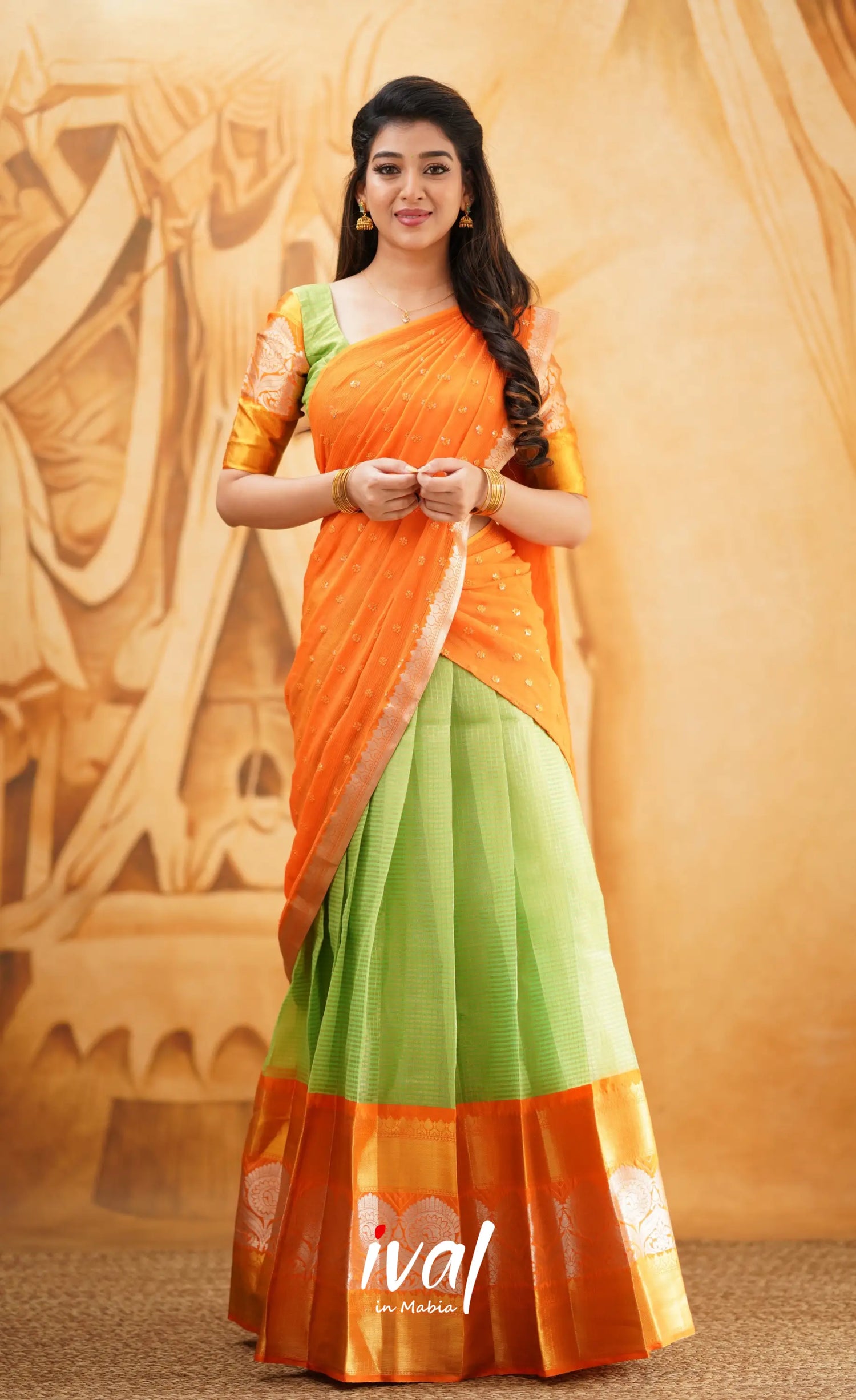 Izhaiyini - Light Green shade and Orange tone Organza Halfsaree 2XL Izhaiyini - Light Green shade and Orange tone Organza Halfsaree 2XL
