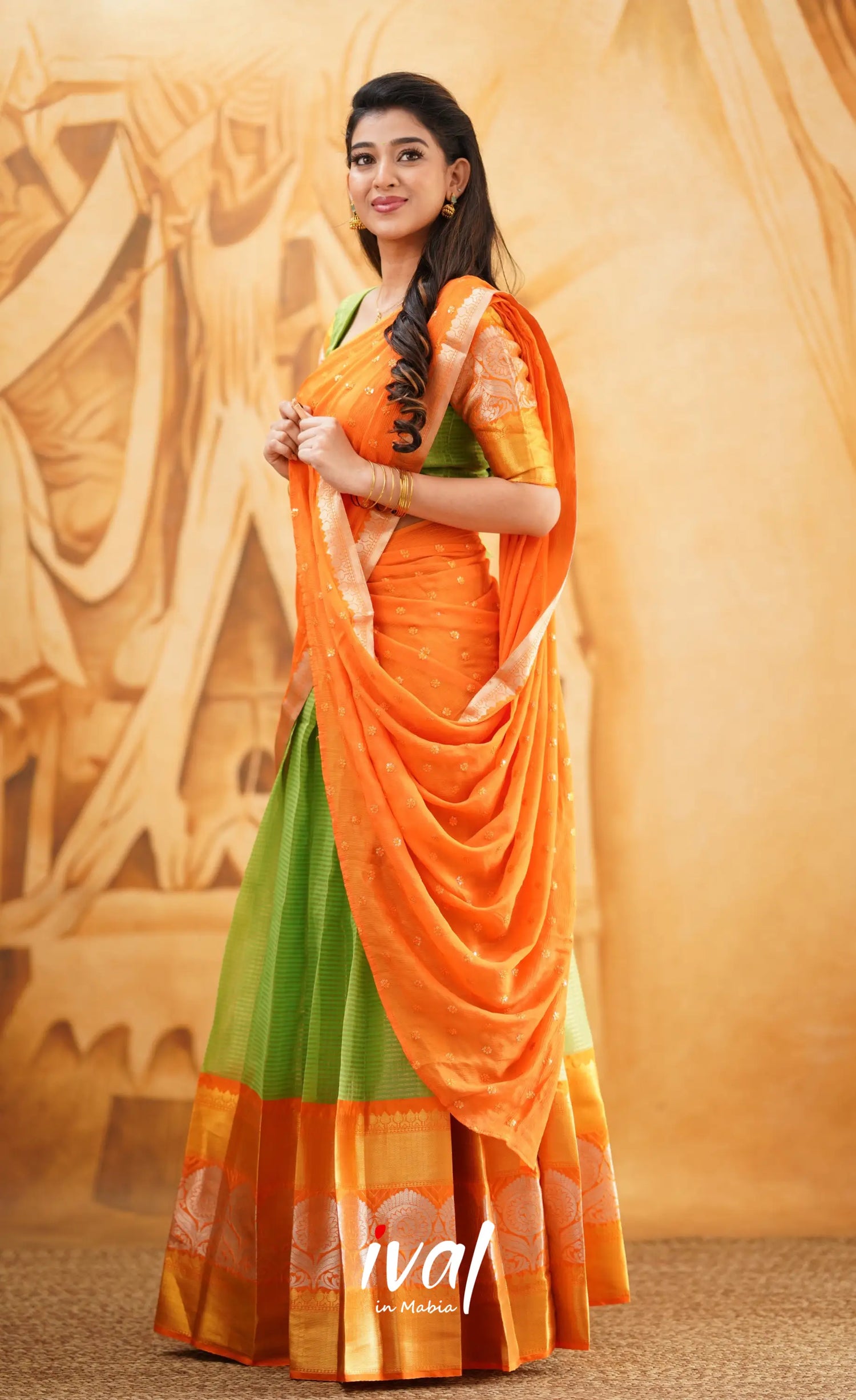 Izhaiyini - Light Green Shade And Orange Tone Organza Halfsaree Half Sarees