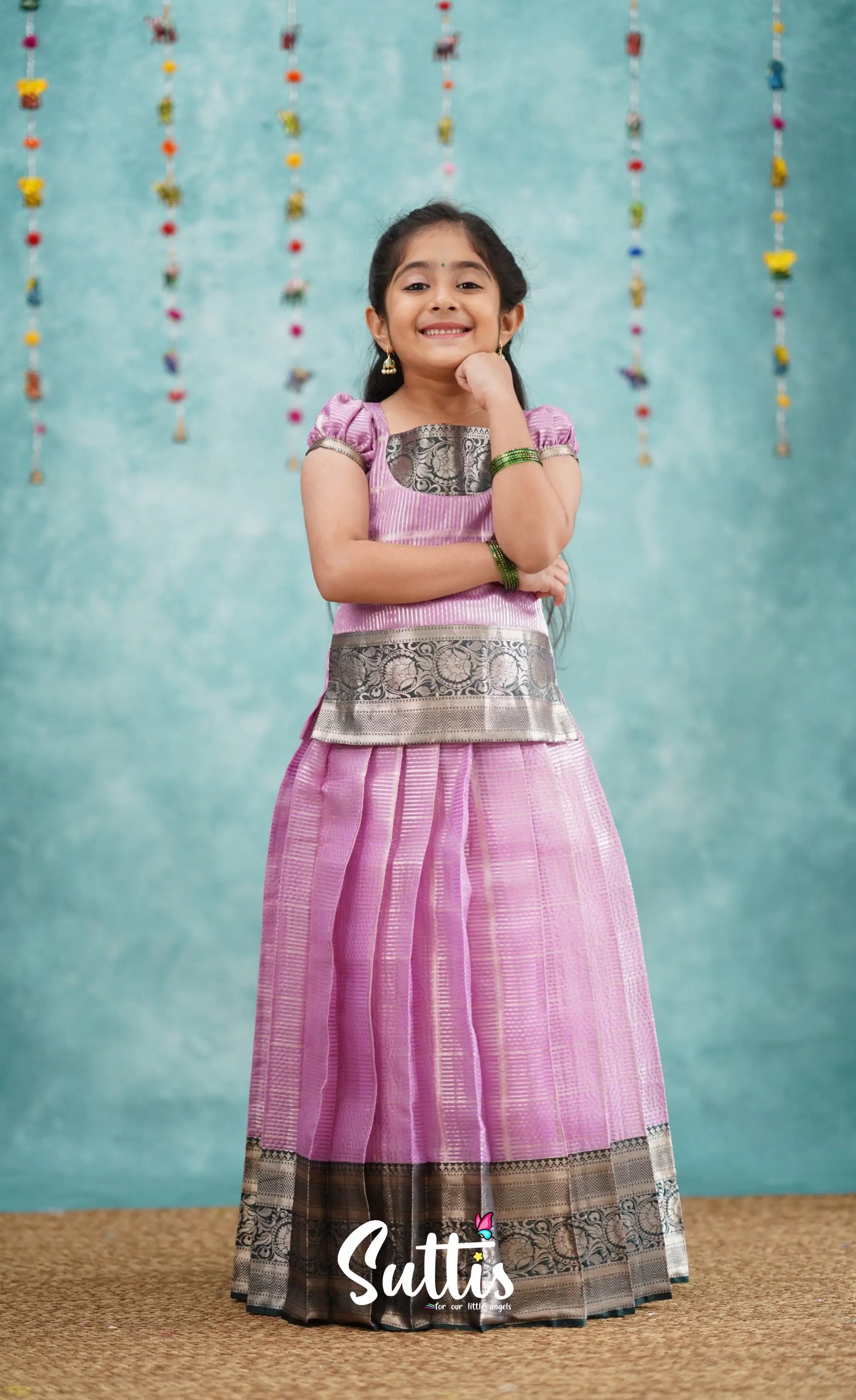 Izhaiyini Light Lavender Shade And Dark Green Tone Organza Pavadai Sattai Kids-Suttis