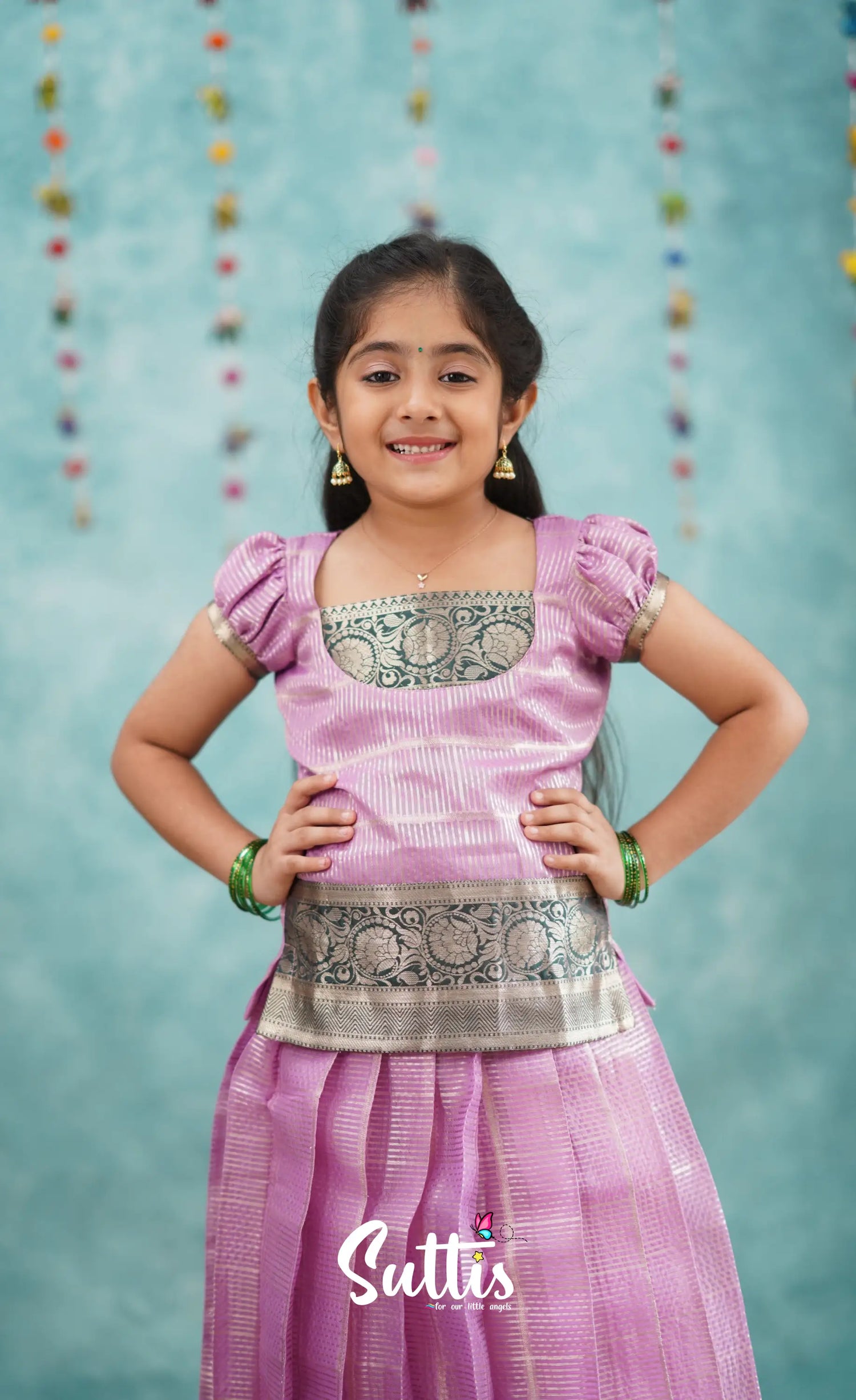 Izhaiyini Light Lavender Shade And Dark Green Tone Organza Pavadai Sattai Kids-Suttis