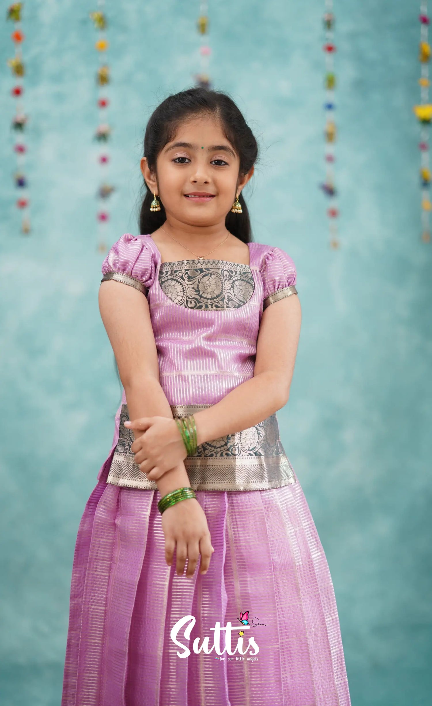 Izhaiyini Light Lavender Shade And Dark Green Tone Organza Pavadai Sattai Kids-Suttis