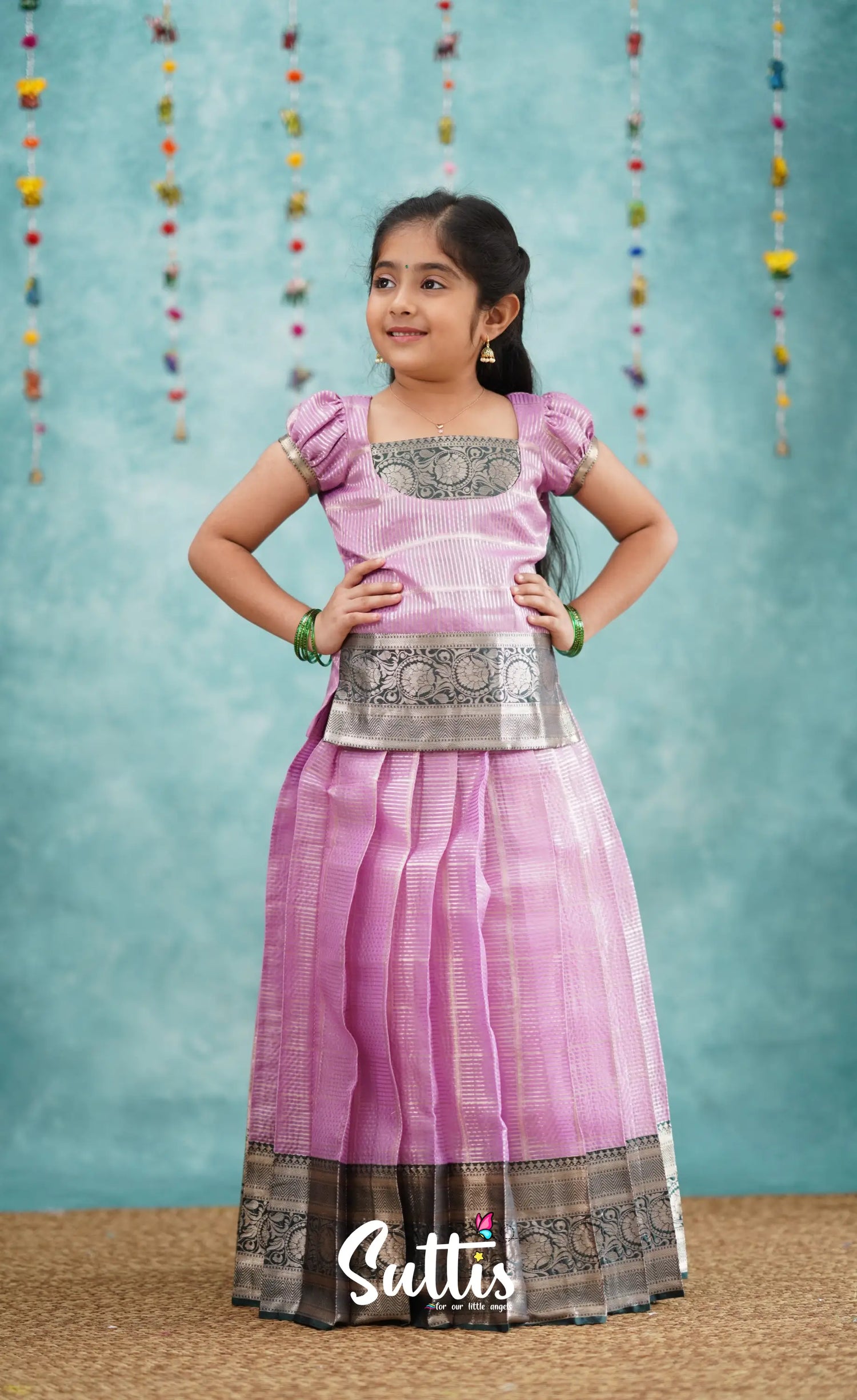 Izhaiyini Light Lavender Shade And Dark Green Tone Organza Pavadai Sattai Kids-Suttis