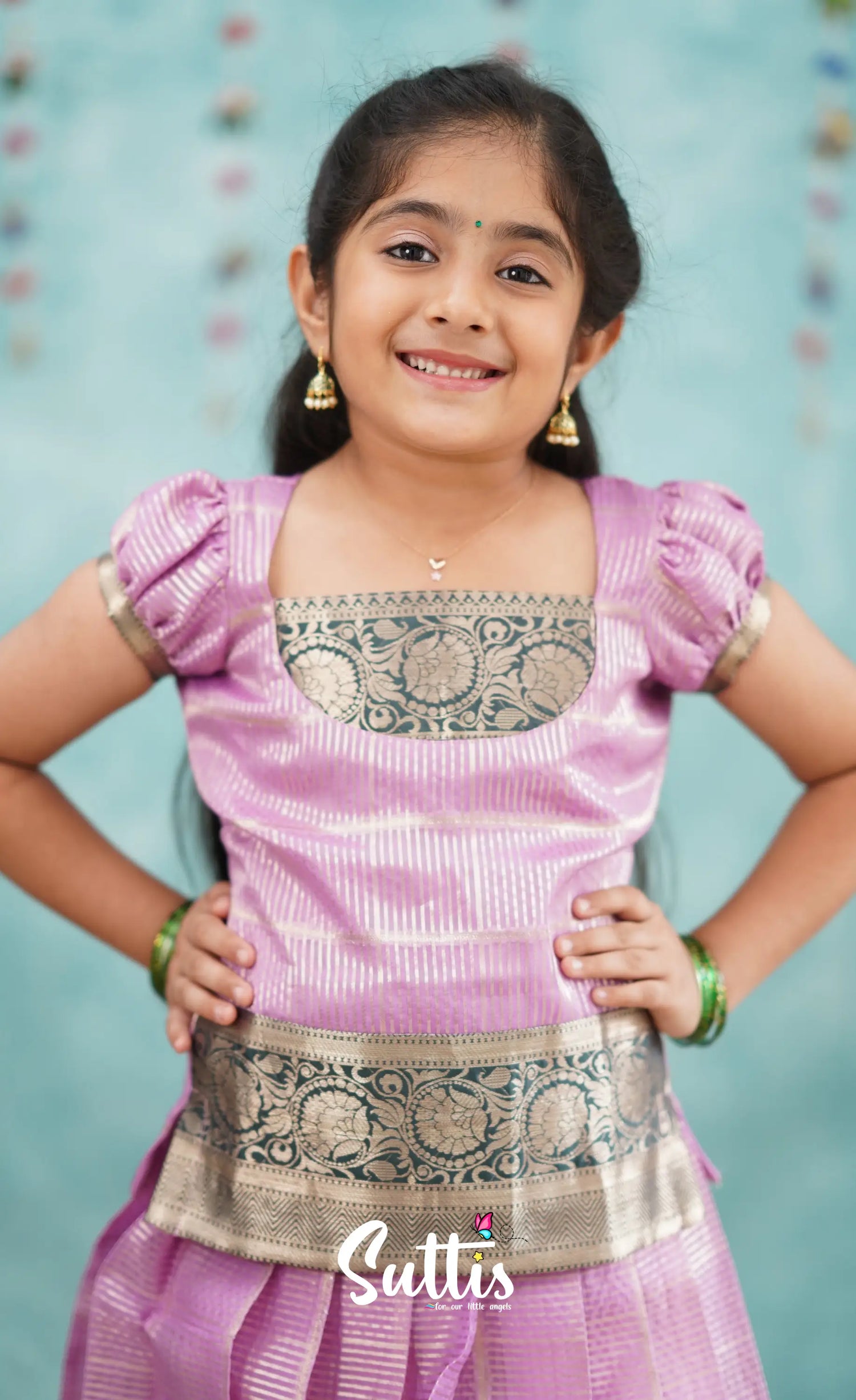 Izhaiyini Light Lavender Shade And Dark Green Tone Organza Pavadai Sattai Kids-Suttis