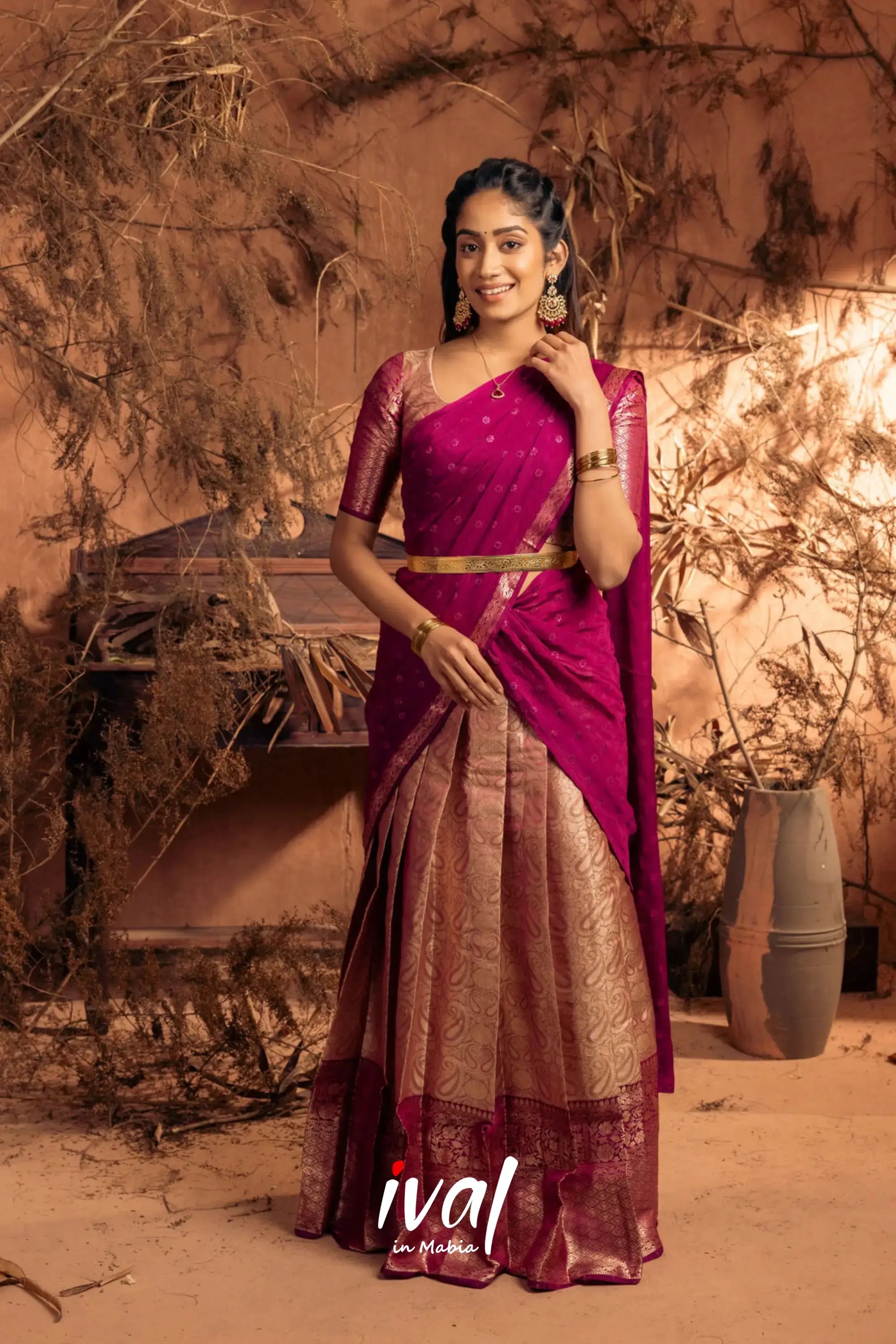 Izhaiyini - Magentaish Purple Banarasi Tissue Halfsaree Half Sarees