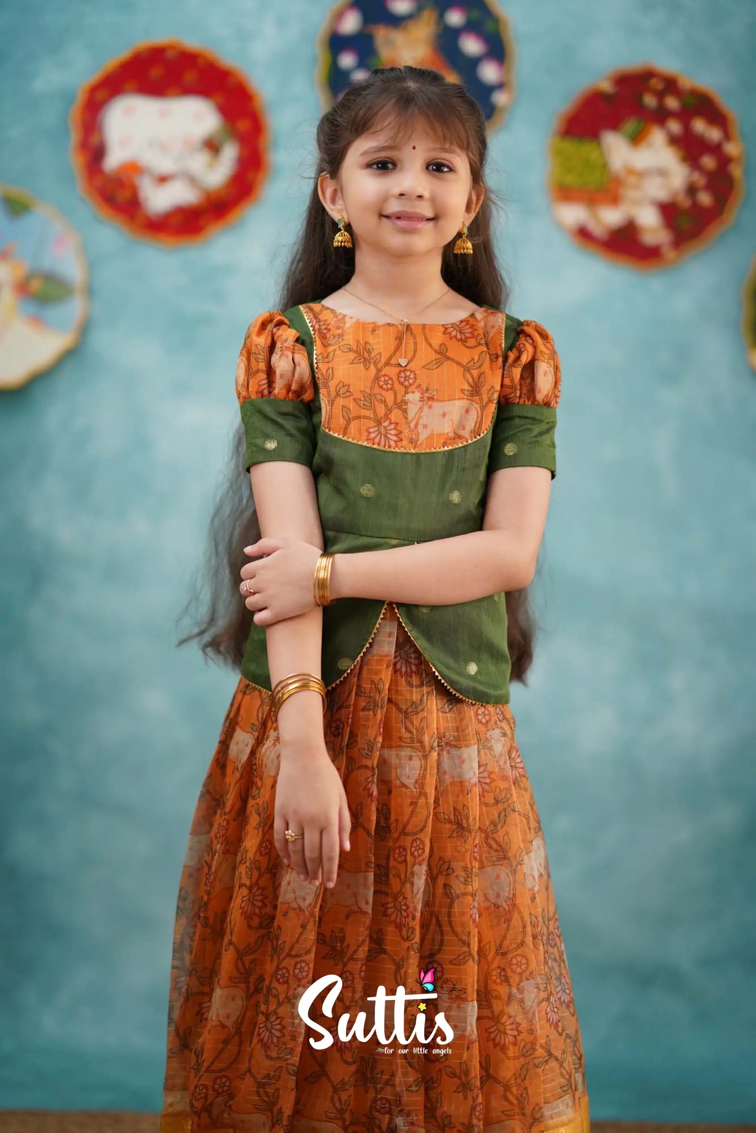 Izhaiyini - Mustard Yellow Organza Top And Skirt Kids-Suttis