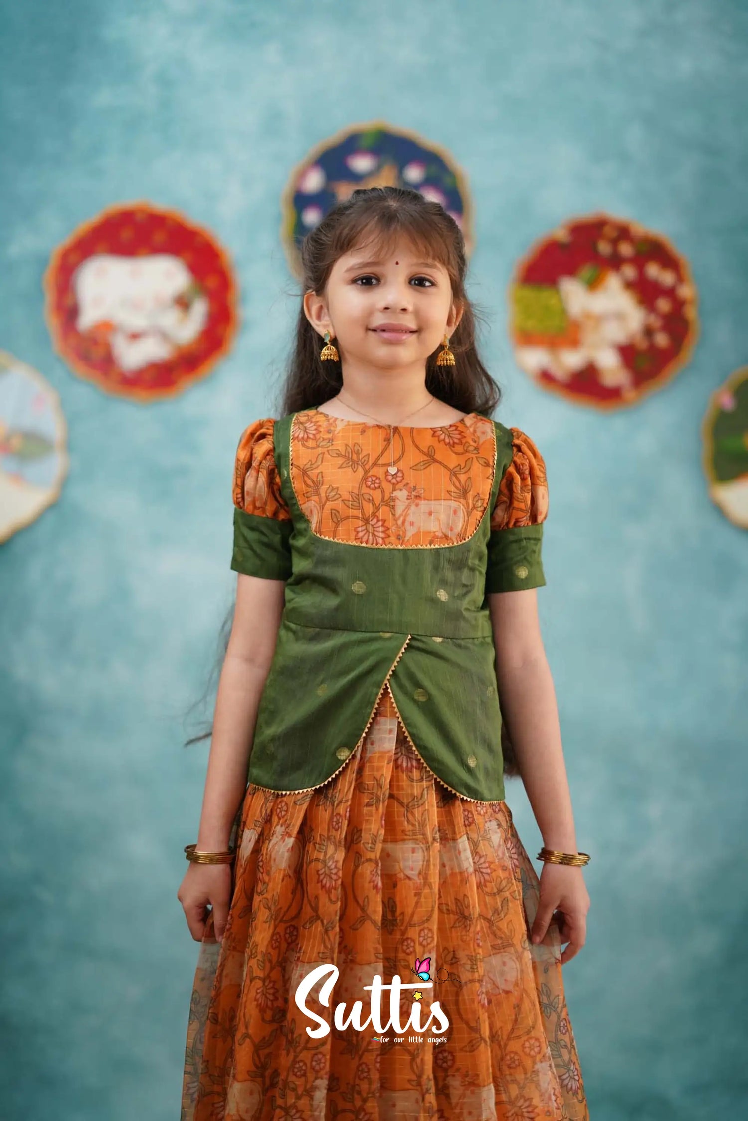 Izhaiyini - Mustard Yellow Organza Top And Skirt Kids-Suttis