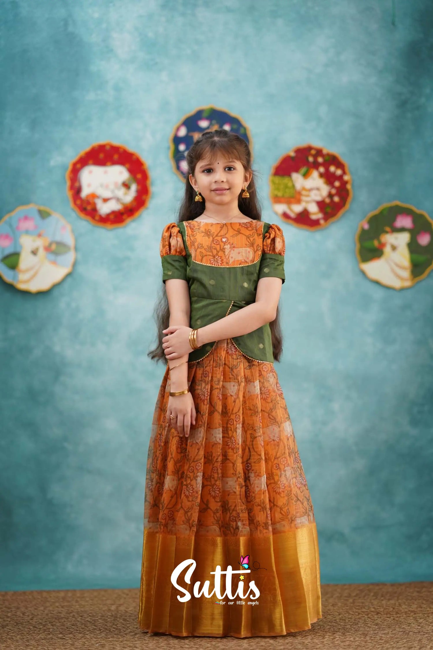 Izhaiyini - Mustard Yellow Organza Top And Skirt Kids-Suttis