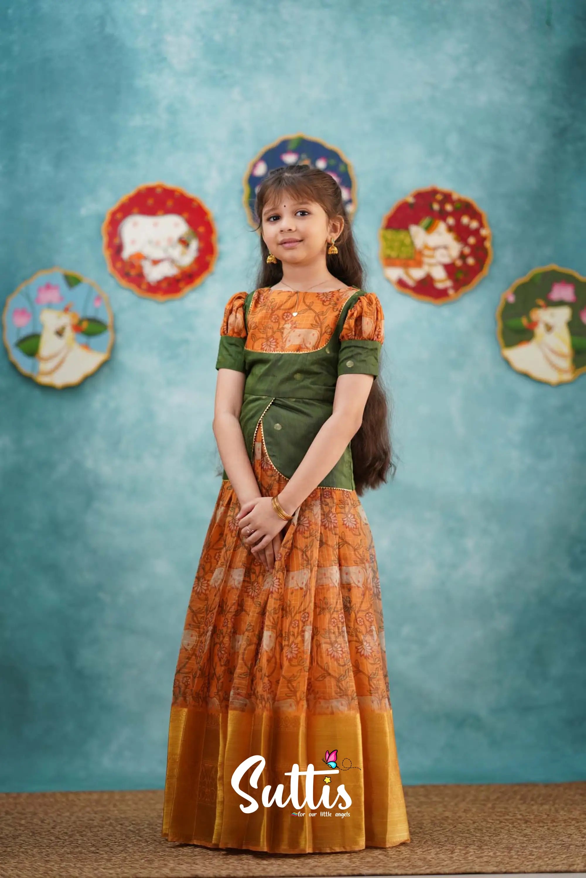 Izhaiyini - Mustard Yellow Organza Top And Skirt Kids-Suttis