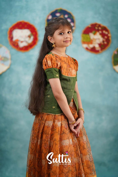 Izhaiyini - Mustard Yellow Organza Top And Skirt Kids-Suttis