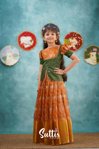 Izhaiyini - Mustard Yellow Organza Top And Skirt Kids-Suttis