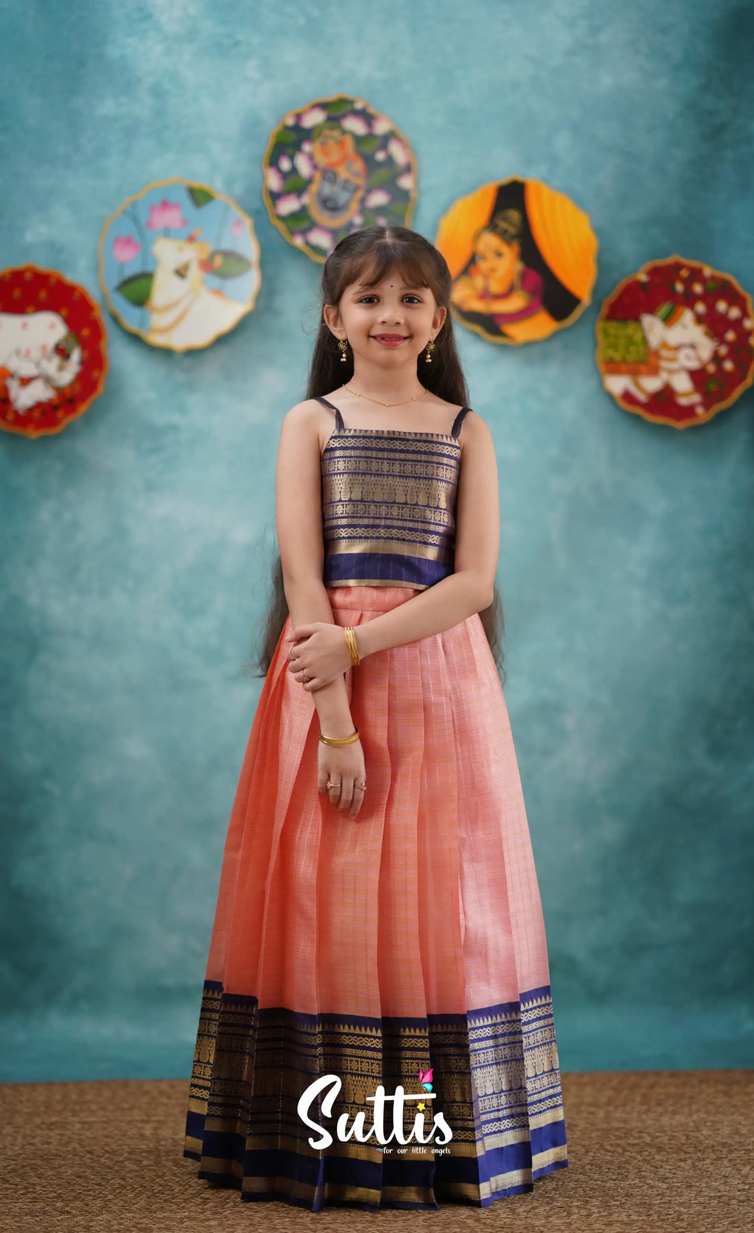 Izhaiyini-Navy Blue And Peach Organza Top Skirt Kids-Suttis