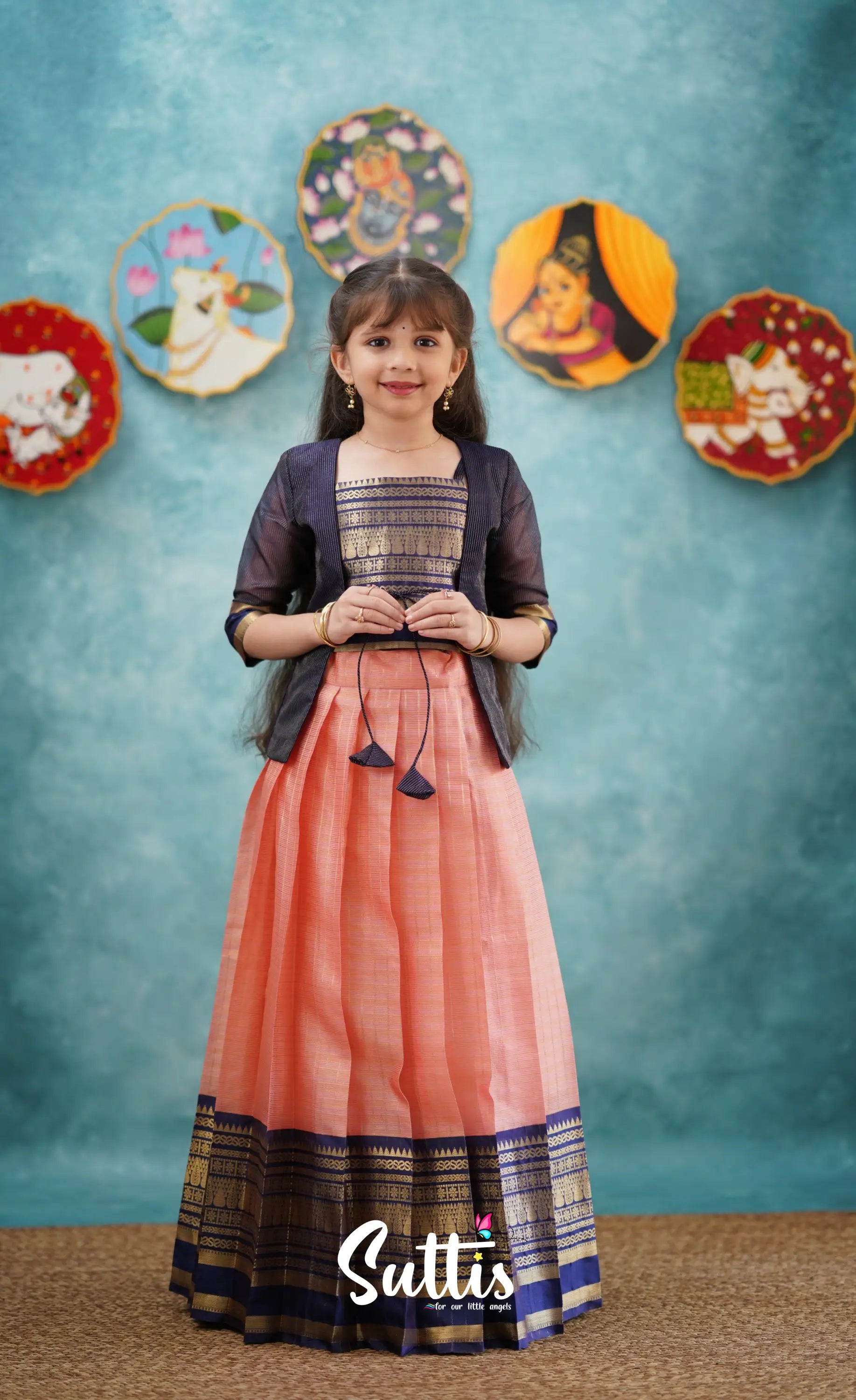 Izhaiyini-Navy Blue And Peach Organza Top Skirt Kids-Suttis