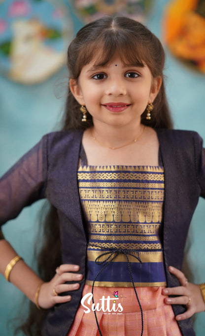 Izhaiyini-Navy Blue And Peach Organza Top Skirt Kids-Suttis