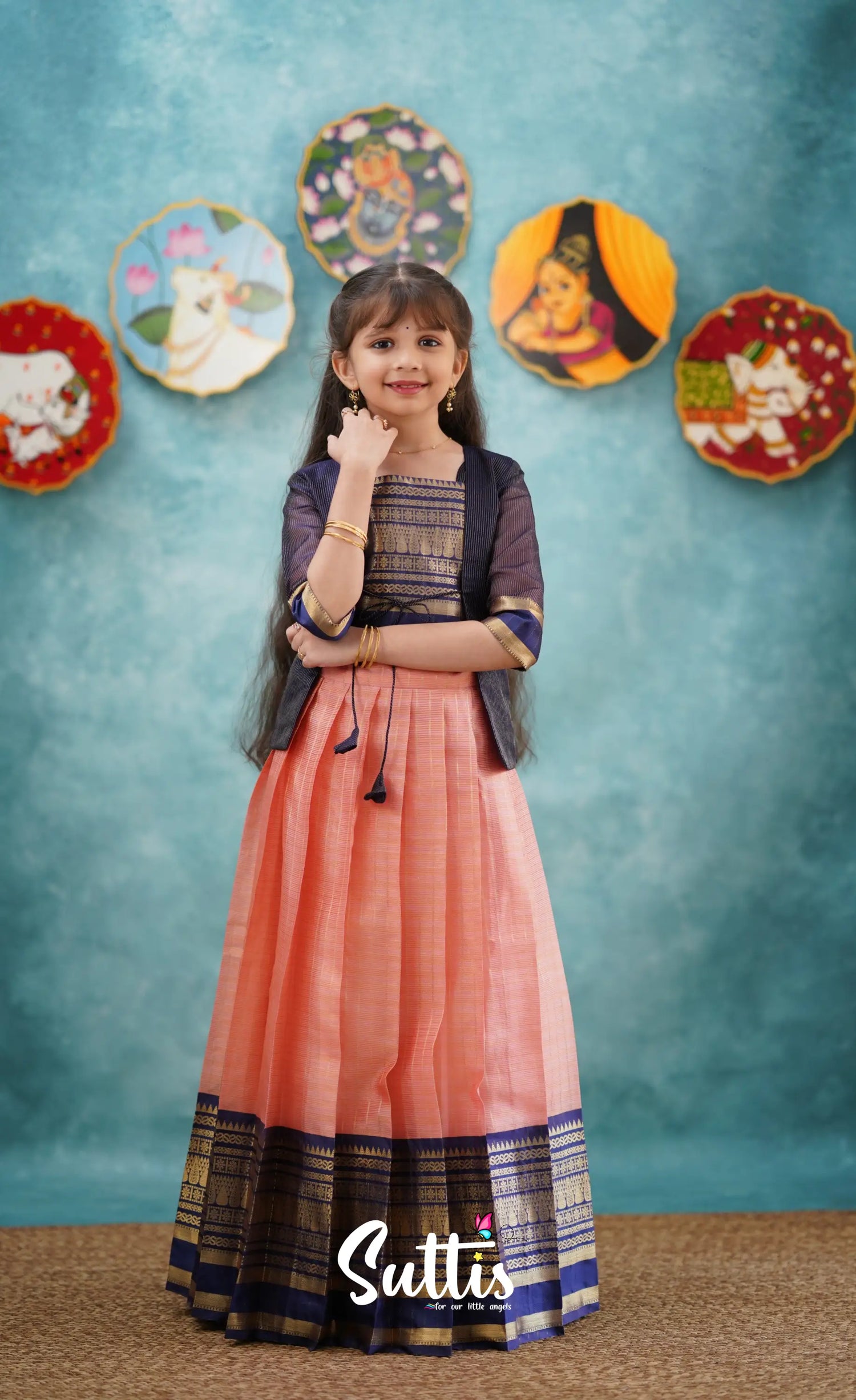 Izhaiyini-Navy Blue And Peach Organza Top Skirt Kids-Suttis