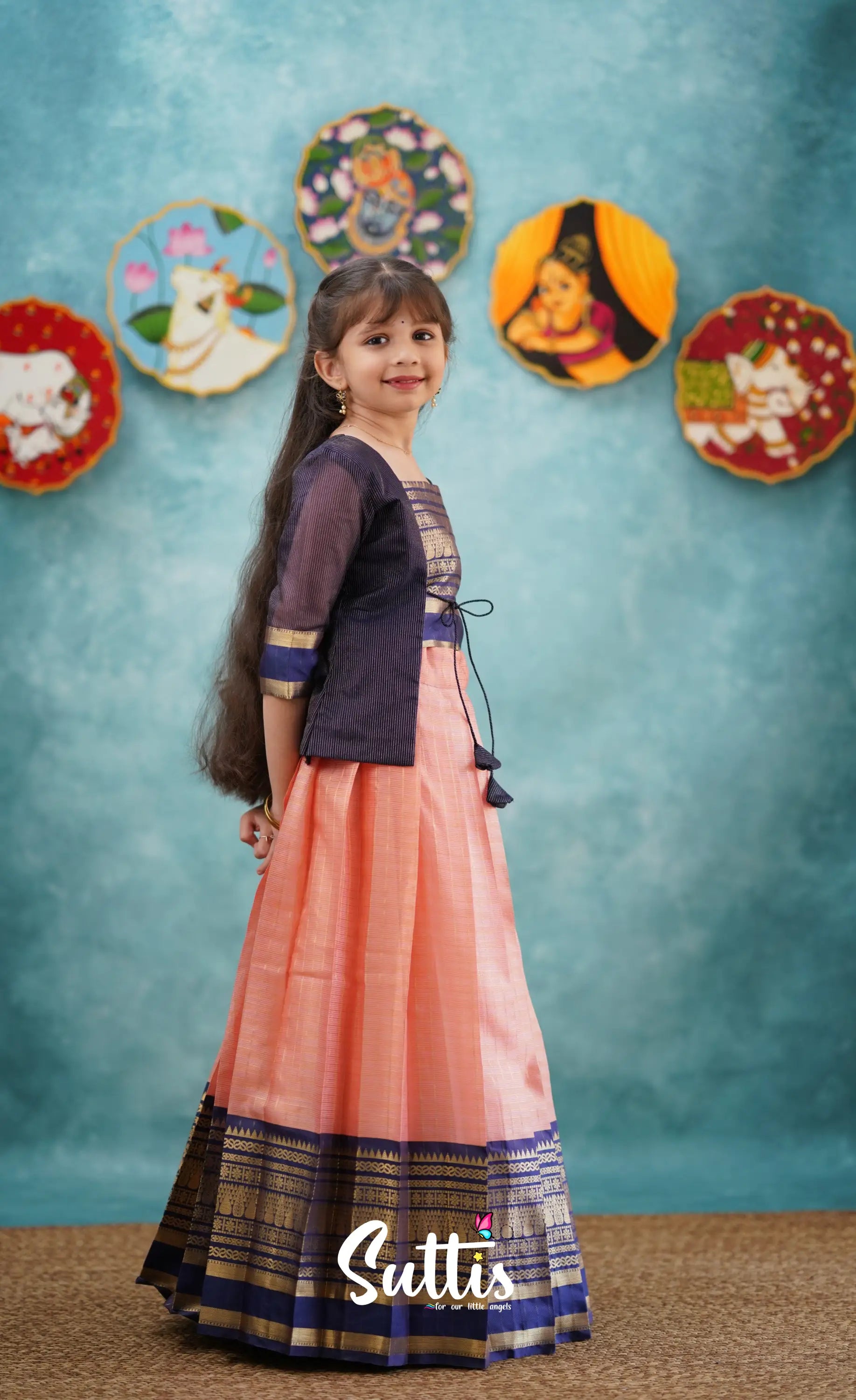 Izhaiyini-Navy Blue And Peach Organza Top Skirt Kids-Suttis