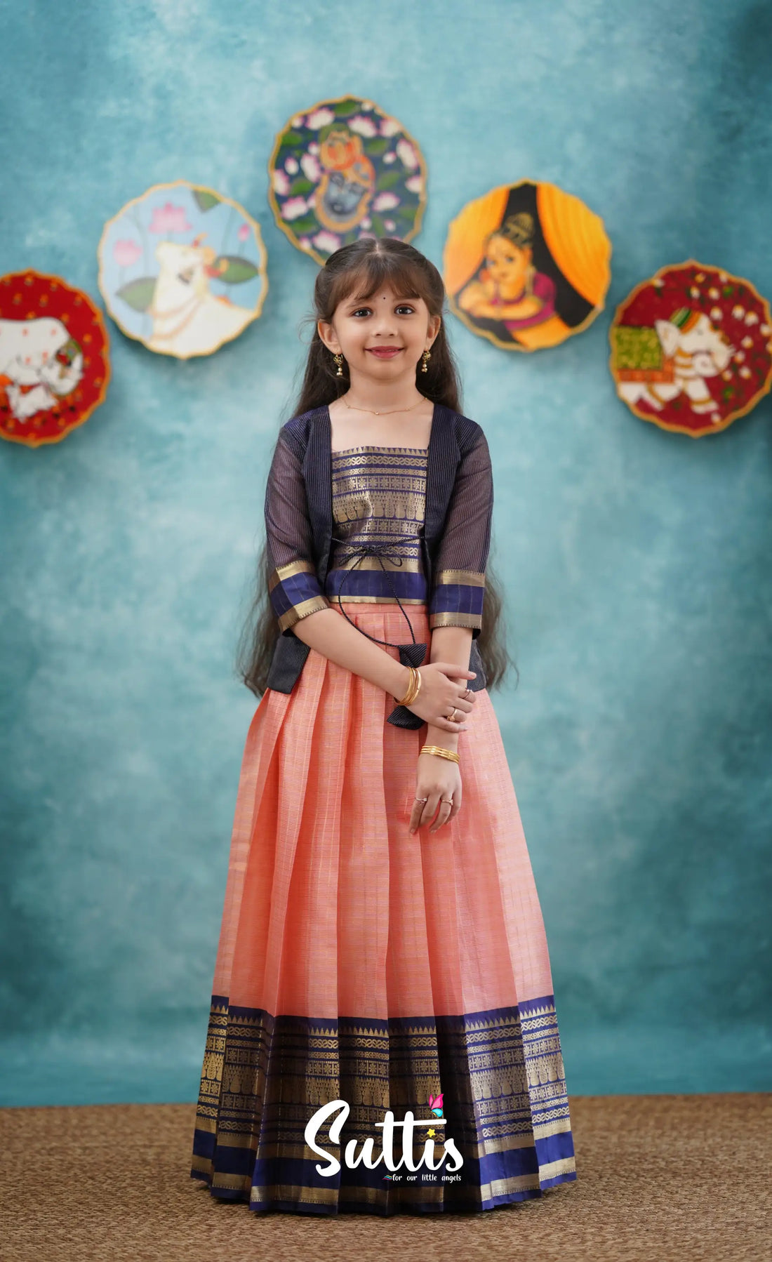 Izhaiyini-Navy Blue And Peach Organza Top Skirt Kids-Suttis