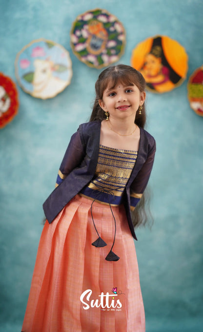 Izhaiyini-Navy Blue And Peach Organza Top Skirt Kids-Suttis