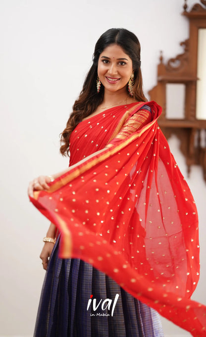 Izhaiyini- Navy Blue And Red Organza Halfsaree Half Sarees