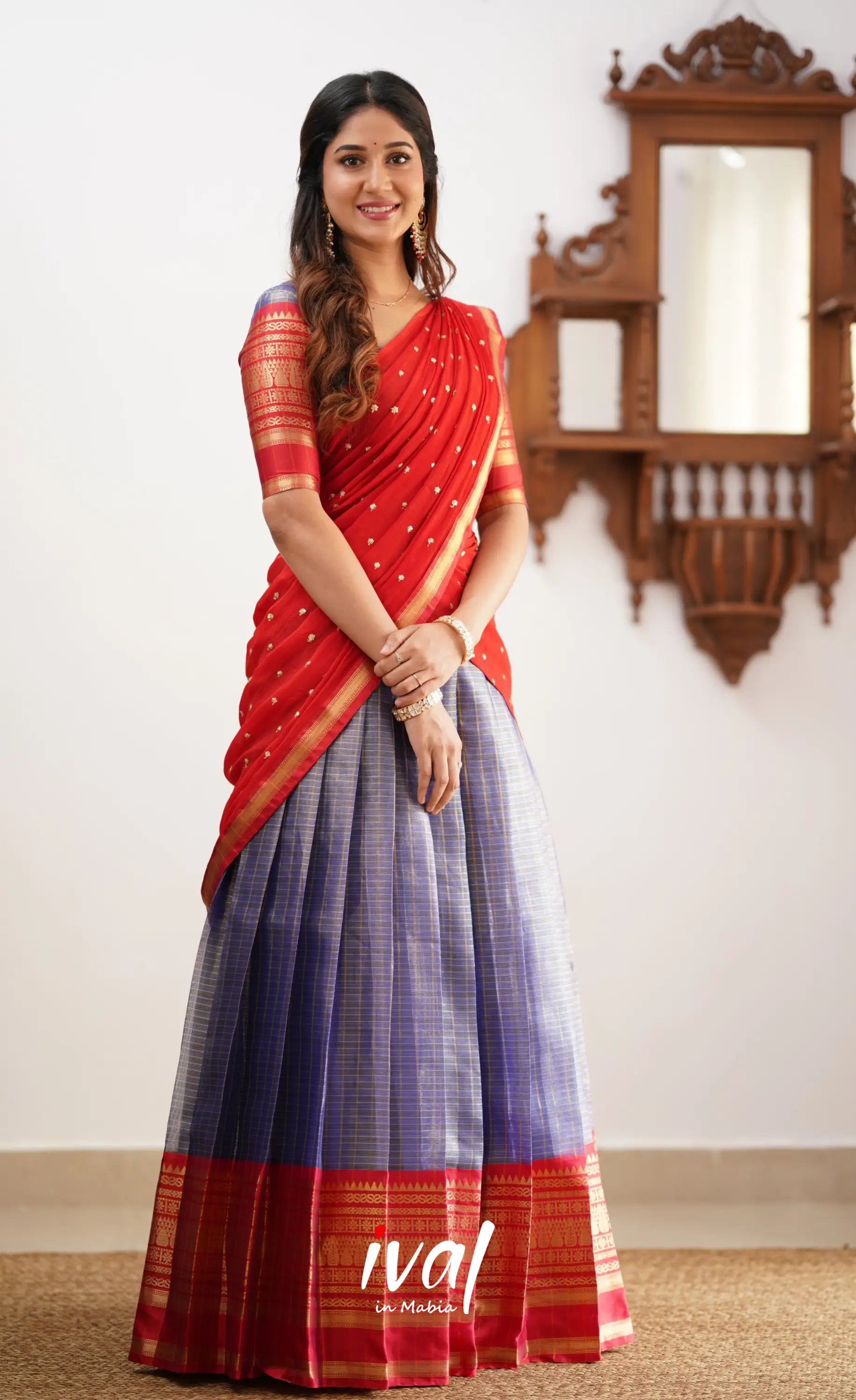 Izhaiyini- Navy Blue And Red Organza Halfsaree Half Sarees