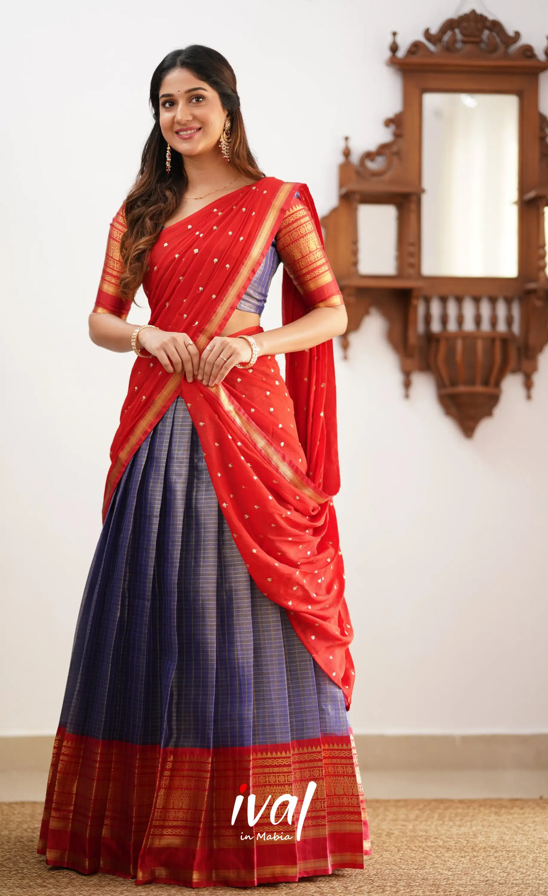 Izhaiyini- Navy Blue And Red Organza Halfsaree Half Sarees