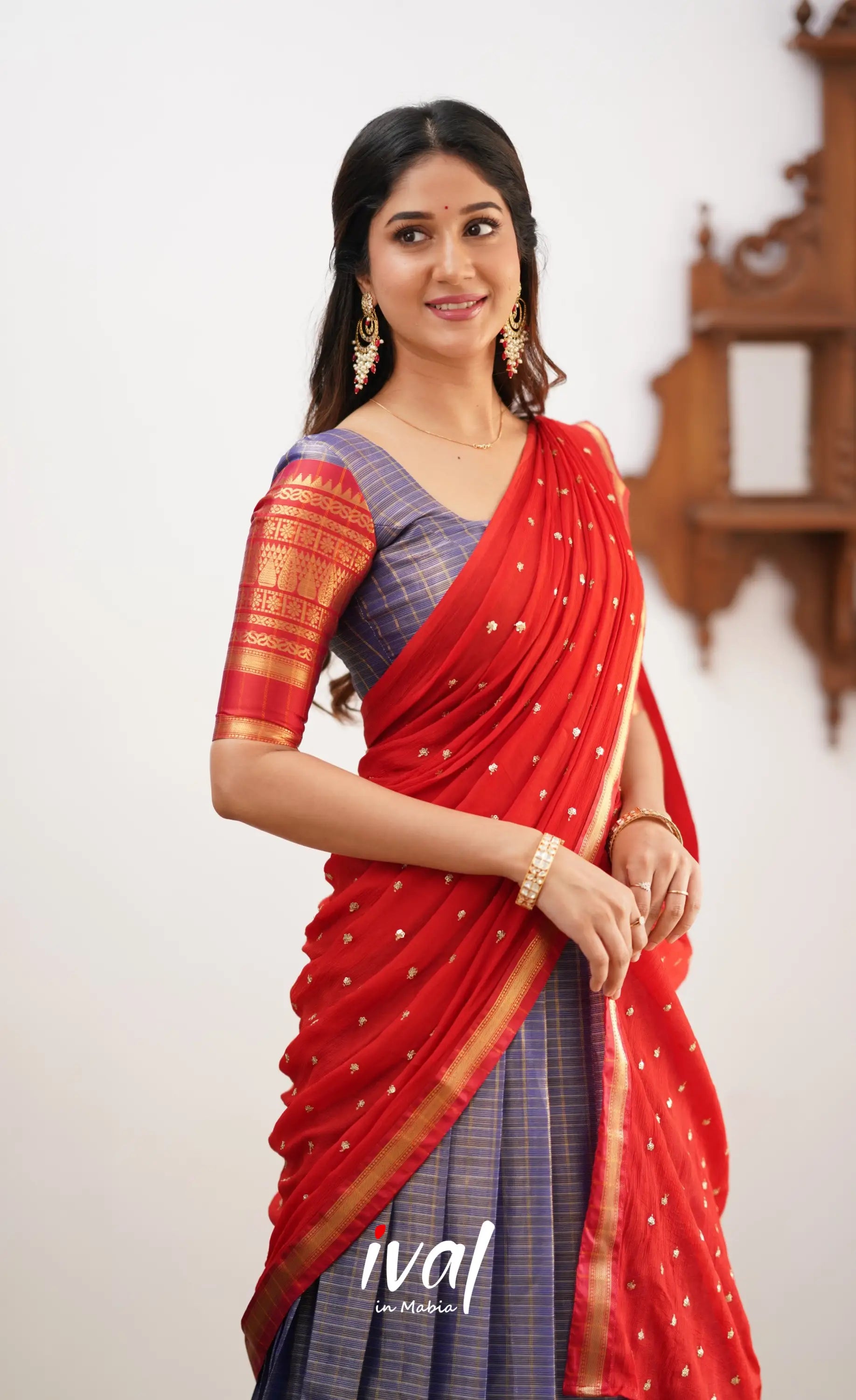 Izhaiyini- Navy Blue And Red Organza Halfsaree Half Sarees