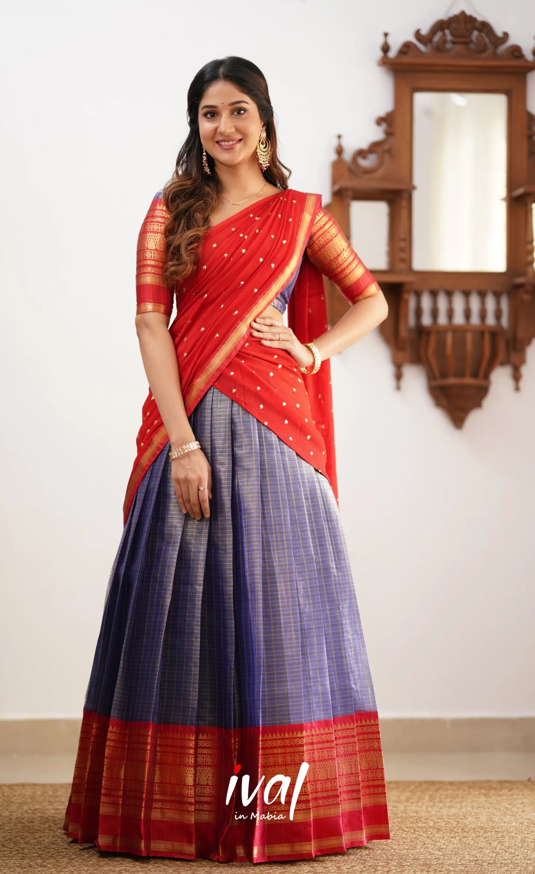 Izhaiyini- Navy Blue And Red Organza Halfsaree Half Sarees