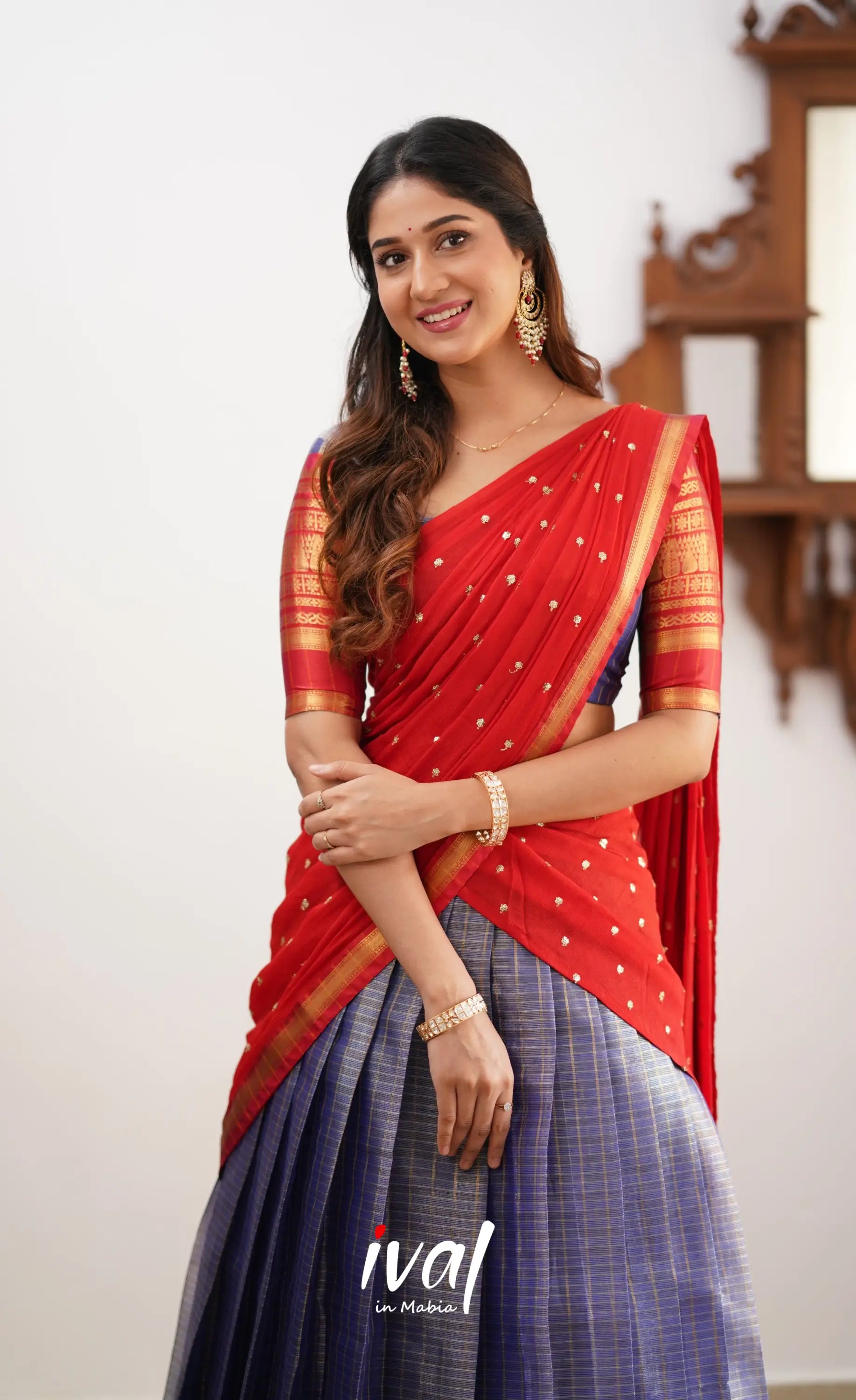 Izhaiyini- Navy Blue And Red Organza Halfsaree Half Sarees