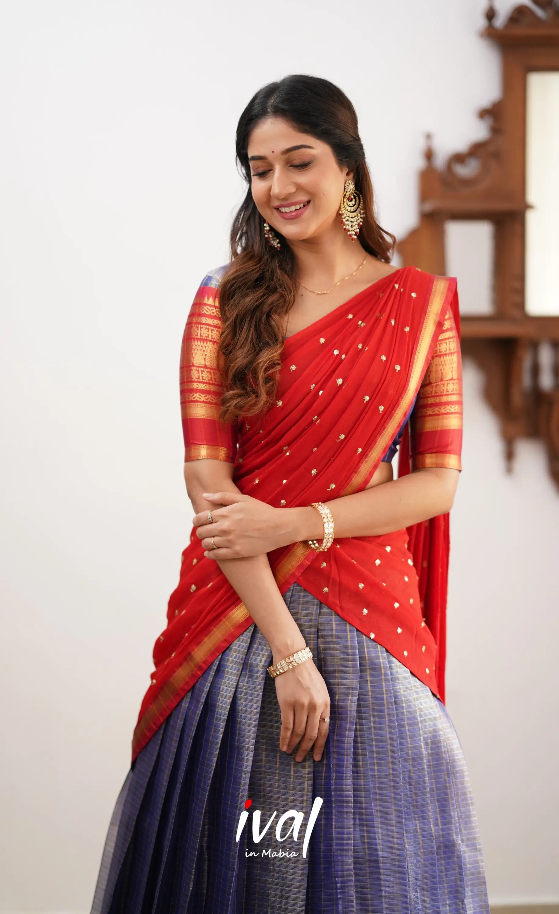 Izhaiyini- Navy Blue And Red Organza Halfsaree Half Sarees