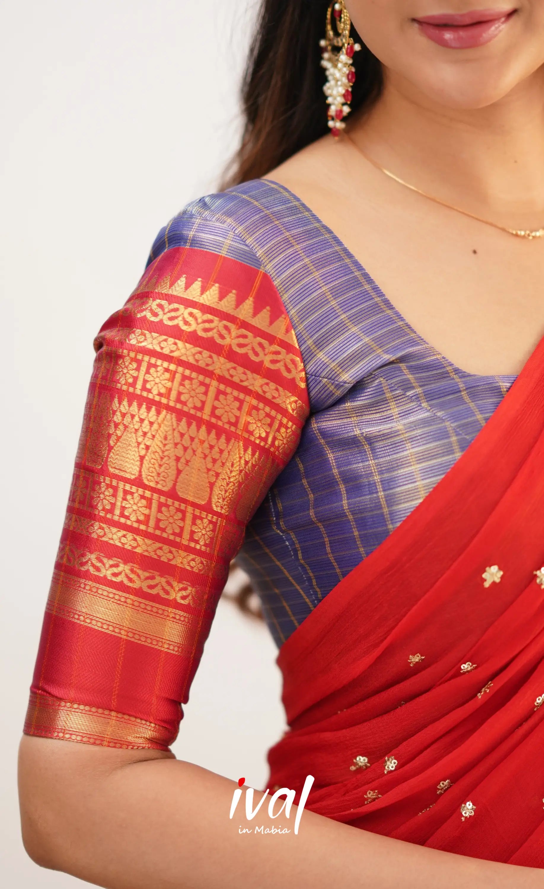 Izhaiyini- Navy Blue And Red Organza Halfsaree Half Sarees