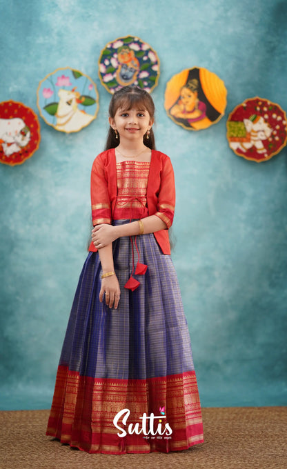 Izhaiyini-Navy Blue And Red Organza Top Skirt Kids-Suttis