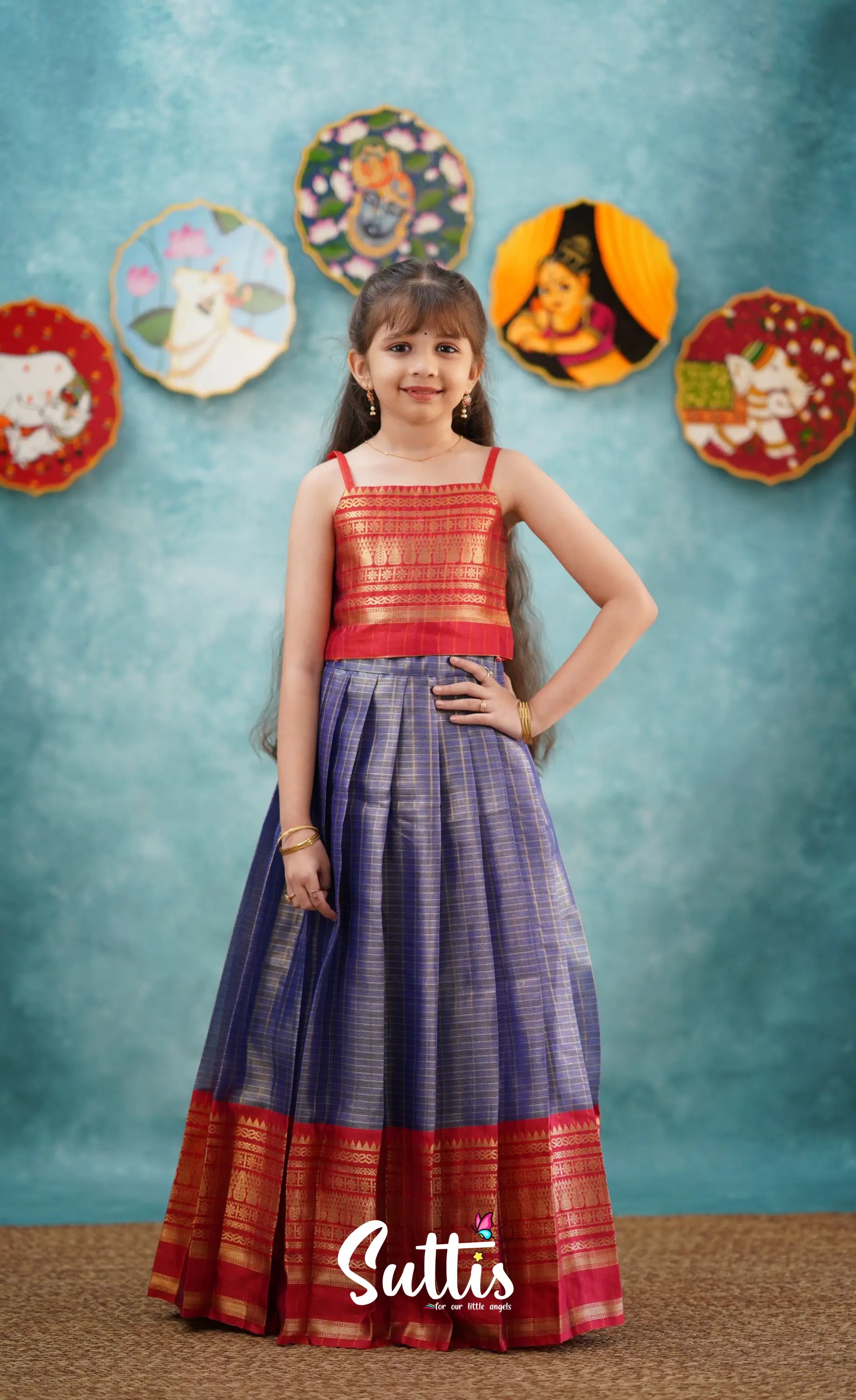 Izhaiyini-Navy Blue And Red Organza Top Skirt Kids-Suttis