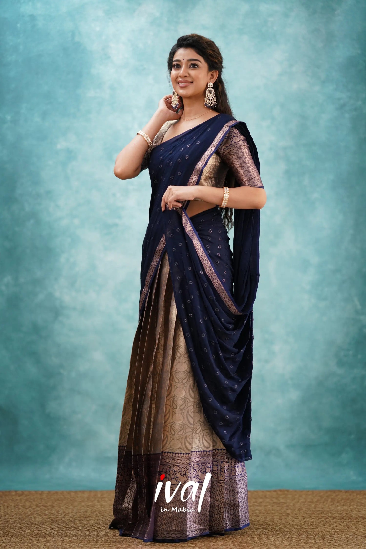 Izhaiyini - Navy Blue Banarasi Tissue Halfsaree Half Sarees