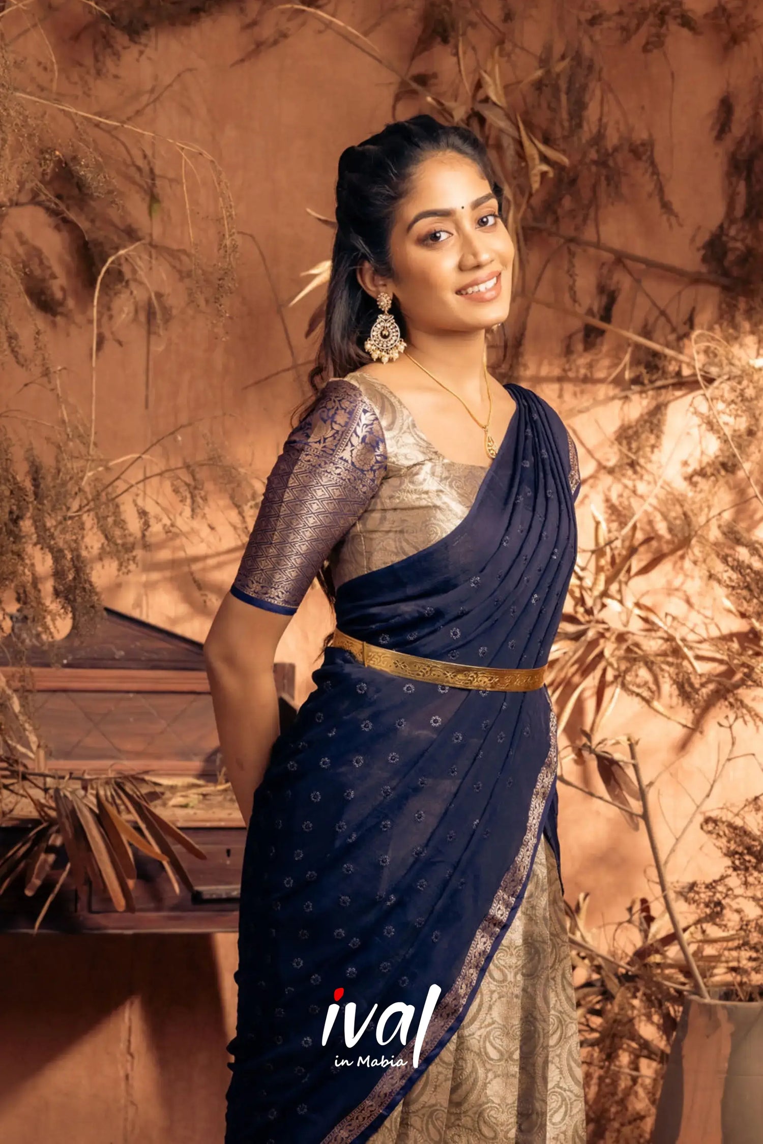 Izhaiyini - Navy Blue Banarasi Tissue Halfsaree Half Sarees