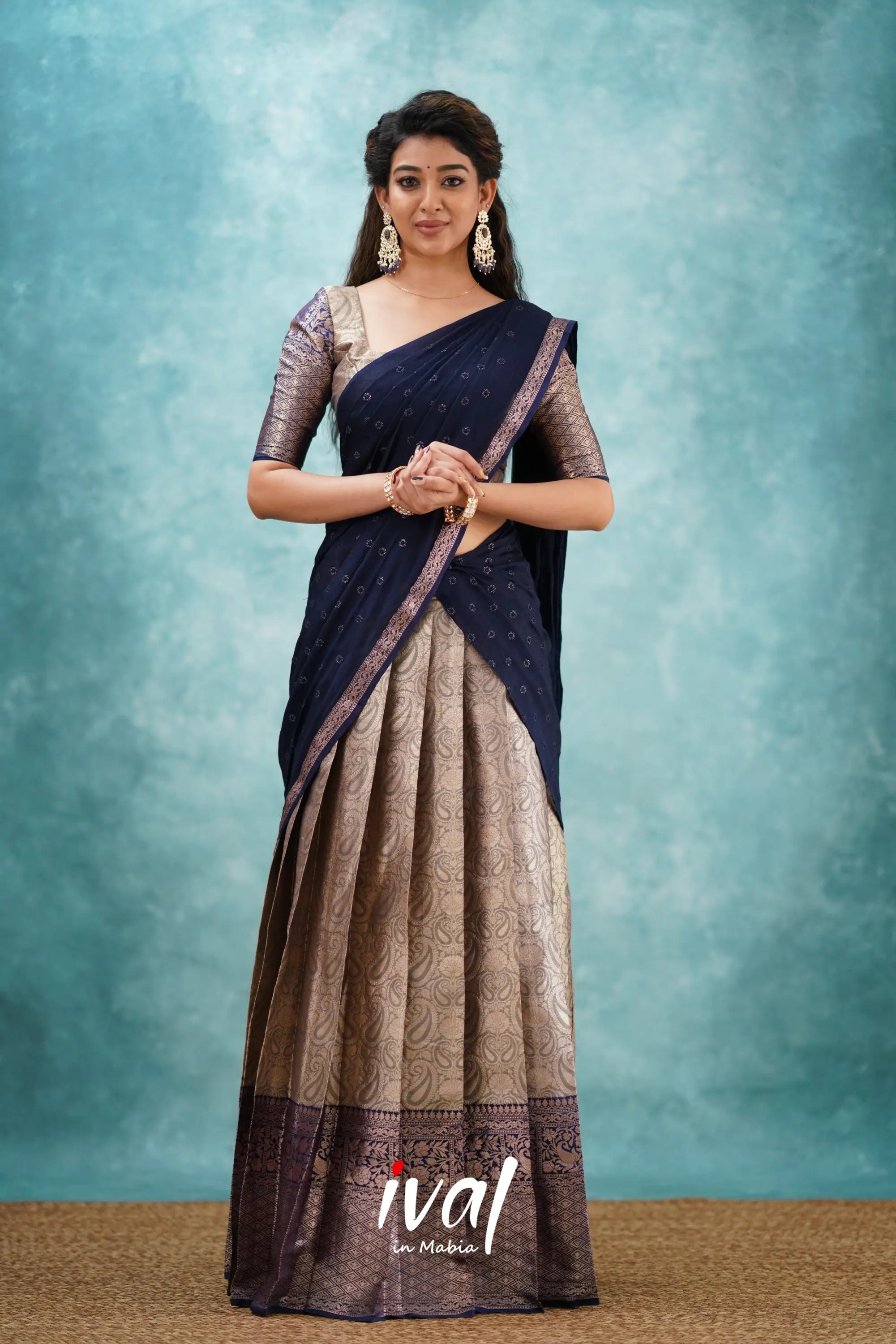 Half N Half Art Silk Saree in Navy Blue and Sky Blue : SUF10432