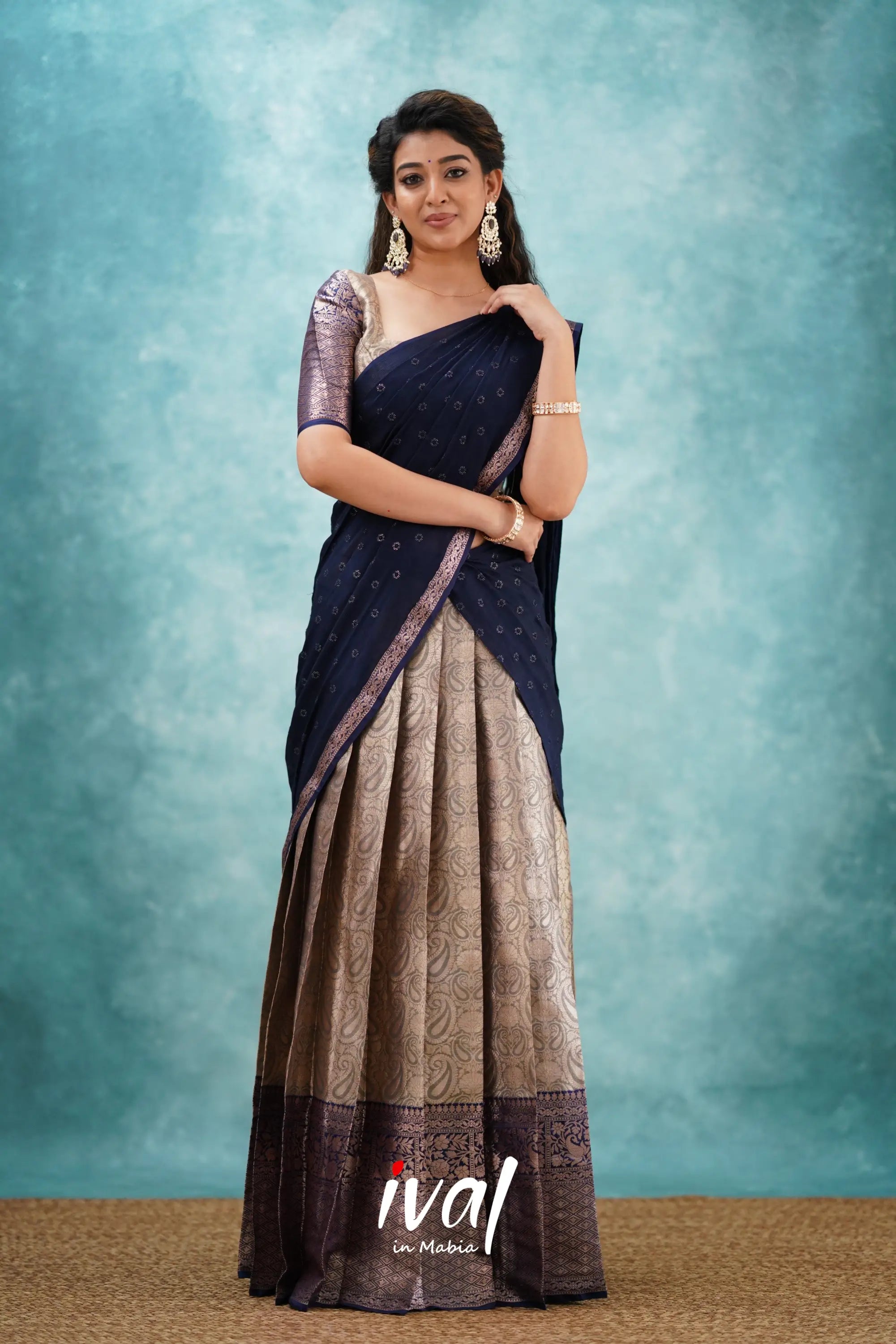 Izhaiyini - Navy Blue Banarasi Tissue Halfsaree Half Sarees