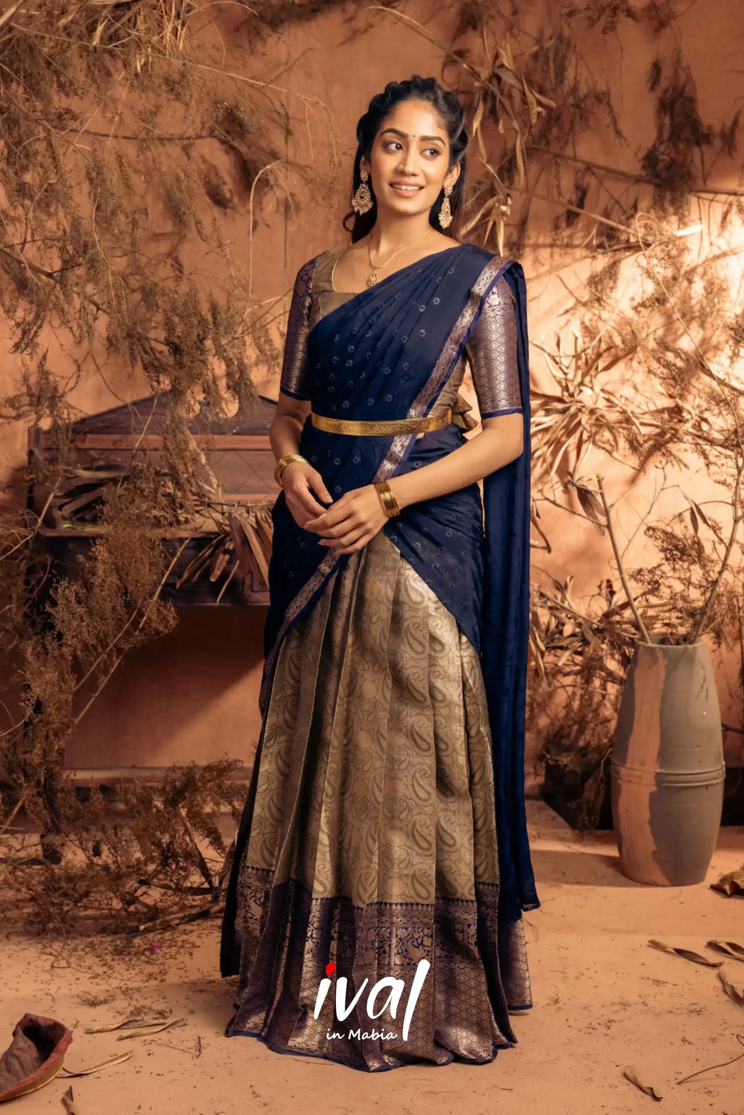 Izhaiyini - Navy Blue Banarasi Tissue Halfsaree Half Sarees