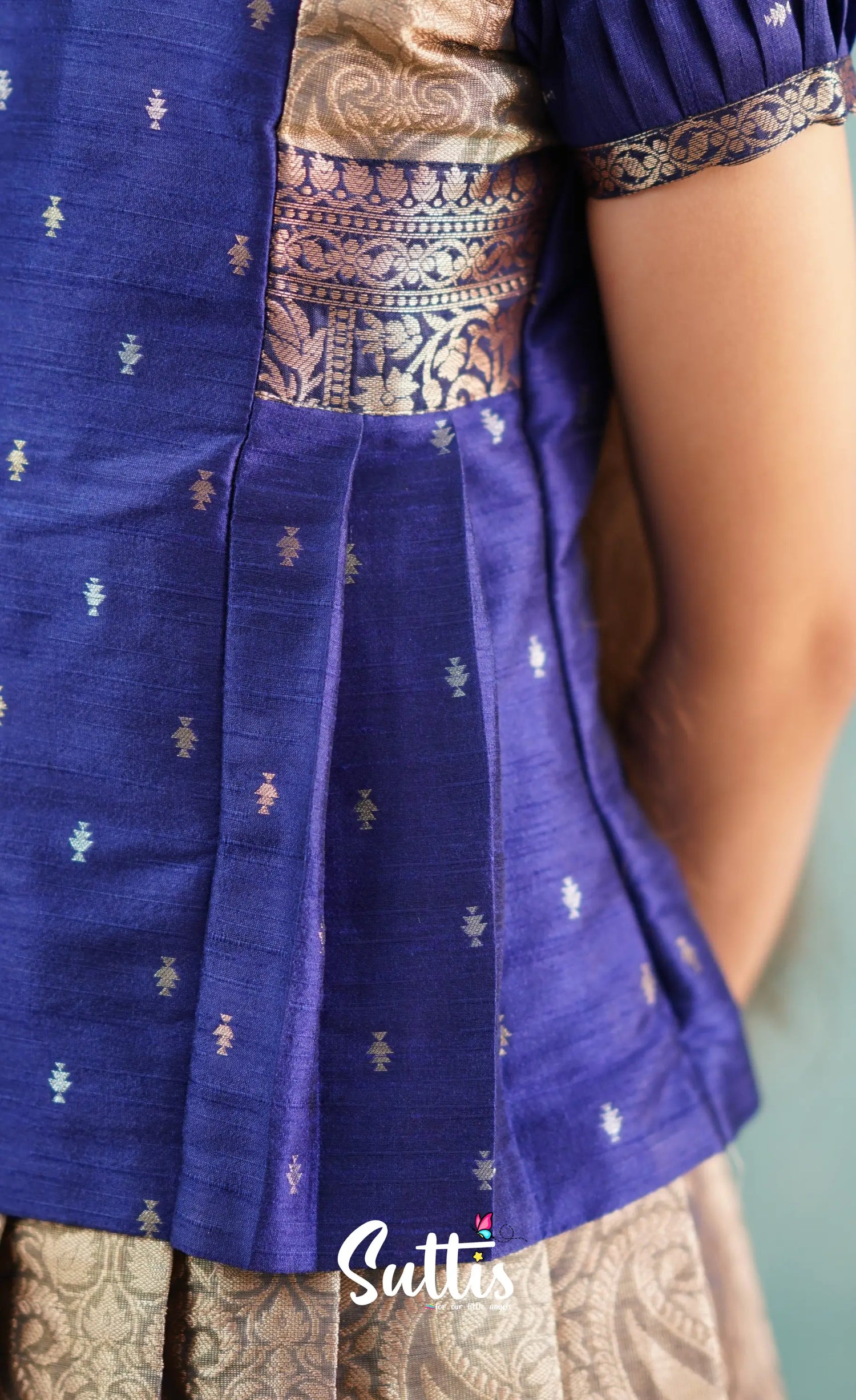 Izhaiyini - Navy Blue Banarasi Tissue Pavadai Sattai Kids-Suttis